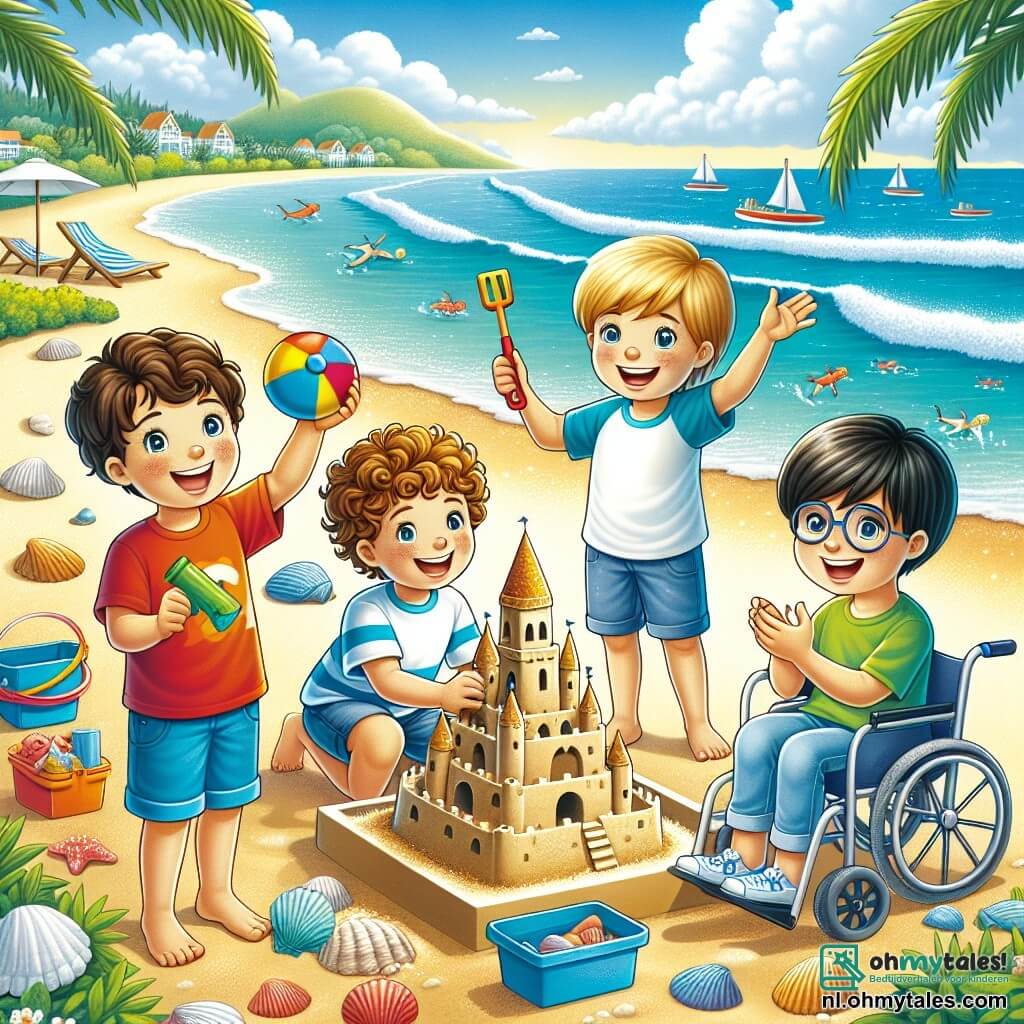 Op een zonnige scène op het strand zijn vier jongens van elf jaar samengekomen. Max, met bruin krullend haar, draagt een rood t-shirt en blauwe shorts en bouwt enthousiast een groot zandkasteel. Daan, een blonde jongen met sprankelende ogen, staat naast hem, lacht en houdt een gekleurde schep vast, klaar om een toren aan de constructie toe te voegen. Sam, met kastanjebruin haar en een bril, staat iets verderop en maakt glimlachend foto's van zijn vrienden. Tot slot zit Joris, met zwart steil haar, in zijn rolstoel, omringd door schelpen die hij heeft verzameld, en hij juicht zijn vrienden toe.

De locatie is een prachtig strand met gouden zand, omringd door groene palmbomen en een turquoise zee die onder de zon schittert. Zachte golven breken op de kust en de lucht is helder blauw met enkele witte wolken.

De jongens werken samen aan hun geweldige zandkasteel, wat hun vriendschap en avontuurlijke geest symboliseert, terwijl Joris, hoewel hij niet in het water is, volledig meedoet aan het plezier door zijn vrienden aan te moedigen.