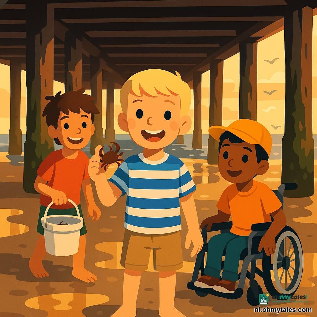 Er zijn drie jongens: Finn (9) blond kort haar, lichte huid, blauw-wit gestreept T‑shirt, beige short, houdt een kleine krab in zijn rechterhand en lacht, centraal en iets op de voorgrond; Tijs (10) bruin ongeschoren haar, gebruinde huid, rood T‑shirt, groen korte broek, houdt een wit emmertje met een krab, links van Finn en iets achter hem; Rami (9) in een rolstoel, kort zwart haar, middelhuid, gele pet scheef, oranje T‑shirt, duwt zijn rolstoel rechts van Finn en kijkt naar de krabben. Locatie: onder een oude houten pier aan zee met donkere krankende planken, op palen zeewier en schelpen, schaduw- en lichtstrepen, ondiep water en nat zand met glinsterende plassen en gouden reflecties van de lage zon. Situatie: de jongens zoeken en vangen krabben in ondiep water, zomerse avondstemming met warm licht, felle contrasterende kleuren, vrolijke verbonden gezichten, duidelijke compositie met simpele silhouetten en een paar vage meeuwen op de achtergrond.