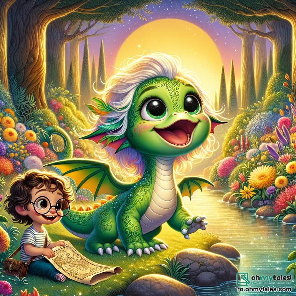 Un mic dragon numit Doru, cu solzi verzi strălucitori și ochi mari plini de curiozitate, stă pe marginea unui lac strălucitor, cu un zâmbet larg pe față. Își bate aripile cu entuziasm, pregătit să exploreze. Lângă el, Mia, o fetiță cu părul blond și creț, poartă o rochie colorată și are un aer uimit, ținând o hartă veche în mâini. Se apleacă ușor înainte, fascinată de peisaj. Leo, un băiețel cu părul brun și ochelari rotunzi, stă pe o piatră, râzând de bucurie. Poartă un tricou cu dungi și îl privește pe Doru cu admirație, ochii îi strălucesc de fericire. Locul este o grădină secretă, plină de flori strălucitoare de toate culorile, cu copaci majestuoși care dansează ușor în vânt. Soarele strălucește deasupra, creând reflexii strălucitoare pe apă. Situația principală arată cei trei prieteni descoperind un loc magic, râzând și împărtășind bucuria de a fi împreună în această aventură de neuitat.