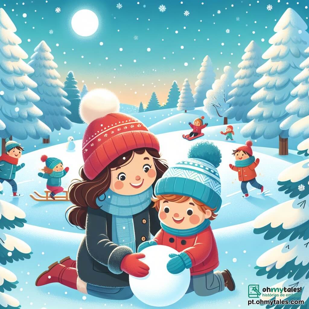 Um menino de 2 anos, com bochechas rosadas e olhos brilhantes, usa um casaco vermelho vivo e um gorro de lã azul. Ele ri alegremente enquanto enrola uma bola de neve para construir um boneco de neve. Ao seu lado, sua mãe, uma mulher de cerca de 30 anos, com cabelos castanhos e cacheados, sorri enquanto o ajuda a empilhar a neve. Ela veste um casaco preto e luvas coloridas. O cenário é um parque de inverno, com árvores majestosas cobertas de neve cintilante, flocos caindo suavemente do céu azul claro e crianças brincando ao longe em trenós. A cena principal mostra o menino e sua mãe criando um boneco de neve, cercados por risos e magia invernal, capturando o espírito alegre do inverno.
