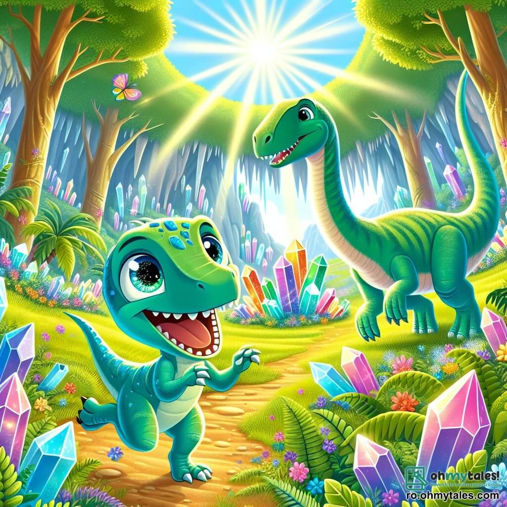 Un velociraptor numit Rivo, cu solzi verzi strălucitori și ochi plini de curiozitate, stă în centrul imaginii, sărind cu bucurie în mijlocul unei poieni însorite. Lângă el, un brontozaur numit Lino, mare și majestuos, cu un gât lung și o piele verde deschisă, se apleacă pentru a admira cristalele strălucitoare dintr-o peșteră apropiată, afișând un zâmbet timid. Scena se desfășoară în minunata Vale Îngemănate, unde ferigi mari și arbori preistorici înconjoară o peșteră strălucitoare, plină de cristale colorate care reflectă lumina soarelui. Flori vibrante și fluturi zburători adaugă o notă de magie mediului. În această ilustrație, Rivo și Lino descoperă împreună frumusețea peșterii, uimiți de culorile strălucitoare ale cristalelor, simbolizând prietenia lor în devenire și spiritul de aventură.