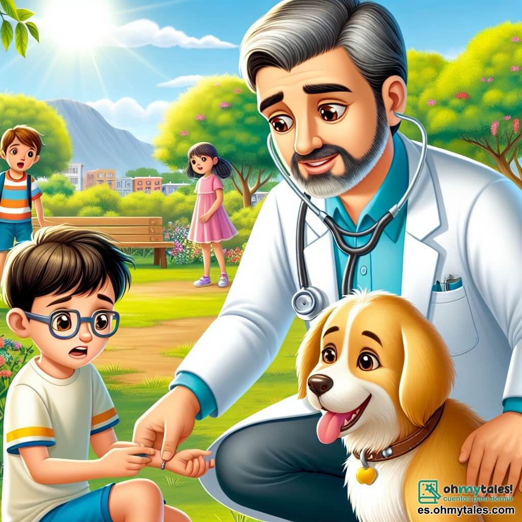 El Dr. Mateo es un hombre de unos cuarenta años, con cabello castaño ligeramente canoso y una barba bien cuidada. Lleva una bata blanca, un estetoscopio alrededor del cuello y muestra una sonrisa cálida y reconfortante mientras se arrodilla para examinar a un perro dorado llamado Max, que tiene una pata herida. A su lado, Pablo, un niño de 10 años con cabello castaño y gafas, observa con preocupación, sosteniendo la correa de Max. Lleva una camiseta azul y un pantalón corto, y su rostro expresa una combinación de miedo y esperanza. El escenario es un pequeño parque verde, lleno de flores coloridas y árboles majestuosos, con un banco de madera y niños jugando a lo lejos. El sol brilla, creando una atmósfera alegre y acogedora. La situación principal muestra al Dr. Mateo cuidando de Max, explicando a los niños la importancia de cuidar a los animales, mientras que otros niños se acercan con curiosidad, listos para aprender y ayudar.