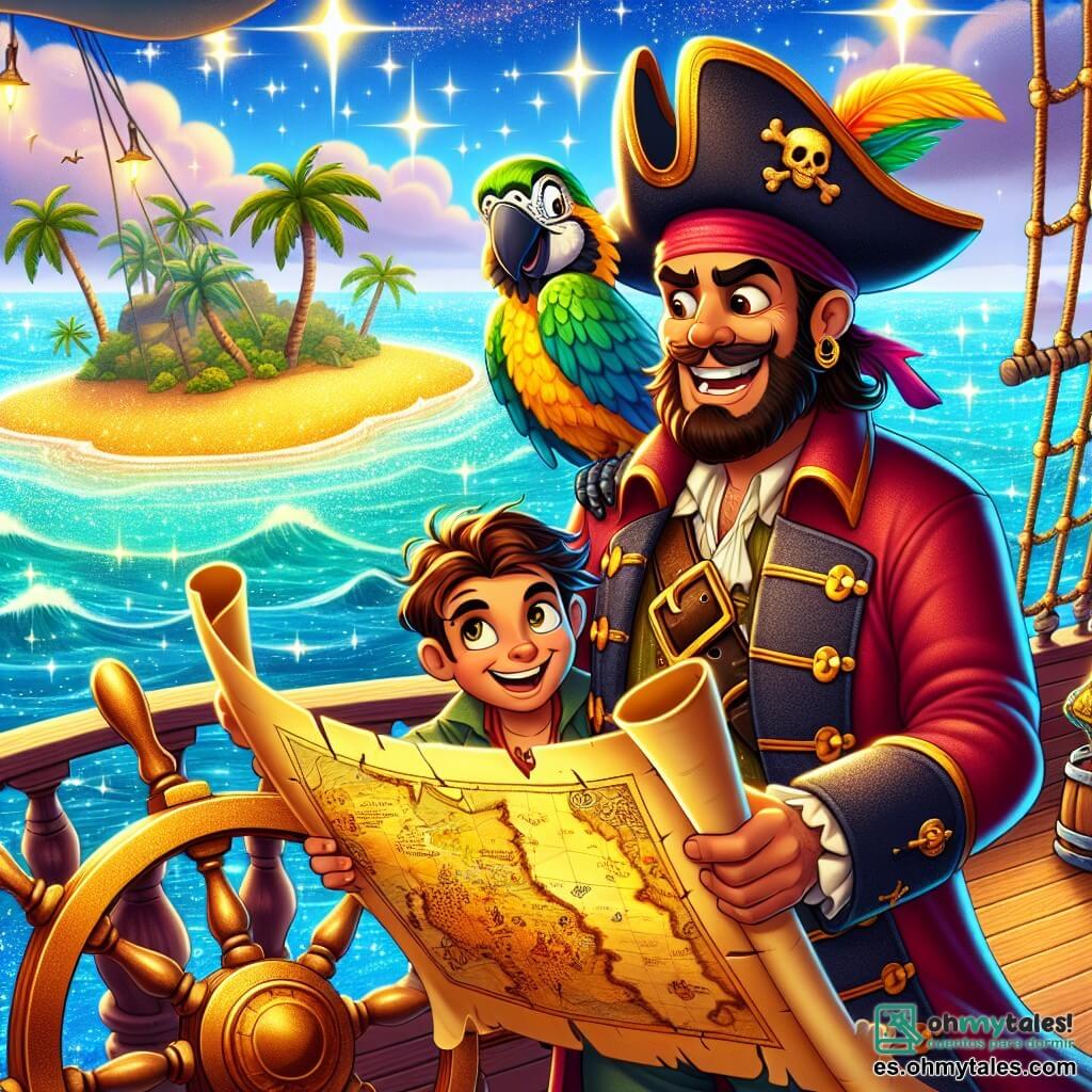 El personaje principal, el capitán Pedro, es un hombre de unos treinta años, con barba castaña y ojos brillantes de alegría. Lleva un sombrero de pirata adornado con una pluma colorida y un abrigo rojo, sonriendo ampliamente mientras sostiene un viejo pergamino de mapa del tesoro. A su lado, la pequeña Loli, un loro colorido con plumas verdes y amarillas, está posada en su hombro, mirando el pergamino con curiosidad y emocionada por la aventura. Un poco más lejos, Tomás, un marinero robusto de unos 25 años, con músculos bien definidos y una camisa a rayas, sostiene firmemente el timón del barco, mostrando una expresión concentrada. Sofía, una joven de unos veinte años con cabello largo y rizado, está preparando pasteles en una mesa de madera, sonriendo alegremente mientras mira a sus amigos. La escena transcurre en la cubierta de un gran barco pirata, con velas blancas ondeando al viento y el océano brillando bajo el sol, mientras una isla dorada se perfila en el horizonte, llena de palmeras y arena brillante. El capitán Pedro y su tripulación descubren juntos un antiguo tesoro en el mapa, listos para embarcarse en la aventura hacia la isla dorada, rodeados de un ambiente de camaradería y emoción.