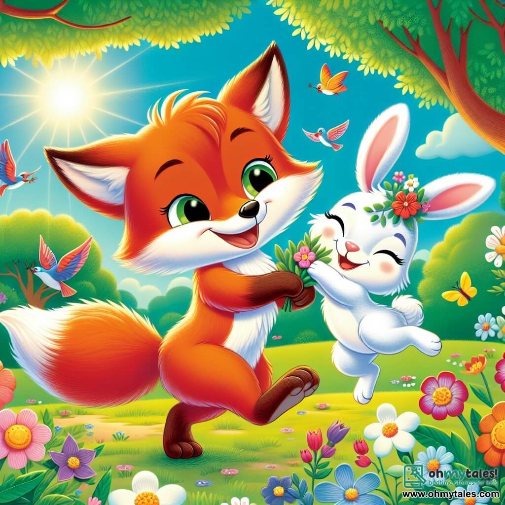 In a sunny spring clearing, a clever fox named Félix, with his bright orange fur and sparkling curious eyes, is joyfully dancing among colorful flowers, a big smile on his face. Next to him, Bella, an adorable rabbit with white fur and large ears, jumps enthusiastically, her eyes shining with happiness, holding a bouquet of flowers in her small paws. In the background, majestic trees with vibrant green leaves surround the scene, while birds sing in the branches, and colorful butterflies flutter around the flowers. The main scene shows Félix and Bella celebrating spring at a joyful festival, surrounded by the beauty of nature, sharing laughter and moments of happiness.
