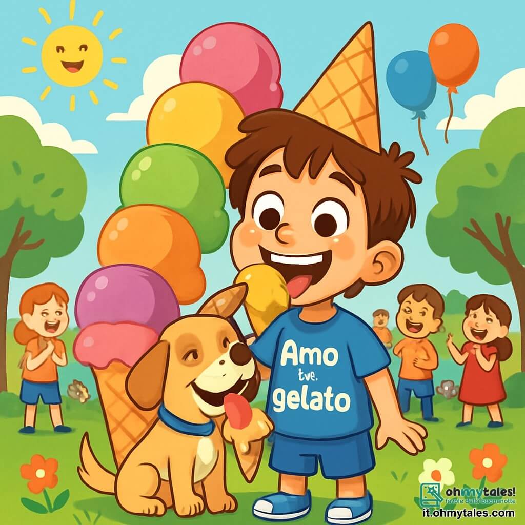 Un ragazzo di 8 anni, di nome Filippo, con capelli castani disordinati e occhi scintillanti di gioia, si trova davanti a un'enorme montagna di gelato multicolore. Indossa una maglietta blu con "Amo il gelato" scritto in lettere festose e un cappello a forma di cono gelato. Il suo volto esprime un'eccitazione travolgente e un leggero stupore. Accanto a lui, il suo fedele cane Briciola, un piccolo cane beige con orecchie pendenti, guarda la montagna di gelato con occhi brillanti, pronto a condividere quest'avventura golosa. Il luogo è un parco soleggiato, pieno di alberi verdi, fiori colorati e famiglie che ridono e si divertono. Palloncini fluttuano nell'aria, aggiungendo un tocco festoso all'atmosfera. La scena principale mostra Filippo e Briciola mentre gustano insieme il gelato, le lingue fuori, il volto coperto di crema gelato, mentre i bambini intorno applaudono e ridono, creando un'atmosfera gioiosa e conviviale.