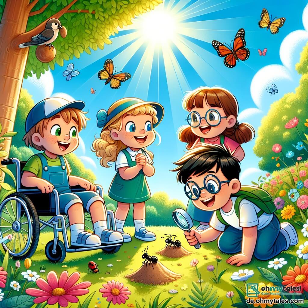 In einem sonnigen Park sind vier Kinder versammelt, um die Natur im Frühling zu beobachten. Max, ein 10-jähriger Junge im Rollstuhl mit braunen Haaren und einer Brille, lächelt begeistert, während er einen Vogel in einem Baum ansieht. Neben ihm zeigt Lena, ein 9-jähriges Mädchen mit lockigen blonden Haaren, auf einen wunderschönen, bunten Schmetterling, der um die Blumen fliegt. Tom, ein 10-jähriger Junge mit braunen Haaren und einer Kappe, hockt neben einem Ameisenhaufen und hält eine Lupe, um die kleinen Kreaturen besser zu beobachten. Schließlich steht Ben, ein 9-jähriger Junge mit Brille und schwarzen Haaren, mit verschränkten Armen da und bewundert einen großen Baum mit weißen Blüten.

Der Park ist voller leuchtender Blumen, grüner Blätter und eines hellblauen Himmels, der mit flauschigen weißen Wolken bedeckt ist. Die Sonnenstrahlen erhellen die Landschaft und schaffen eine fröhliche und lebendige Atmosphäre.

Die Kinder entdecken gemeinsam die Wunder des Frühlings, beobachten Insekten und Vögel und lernen die Bedeutung der Natur um sie herum.