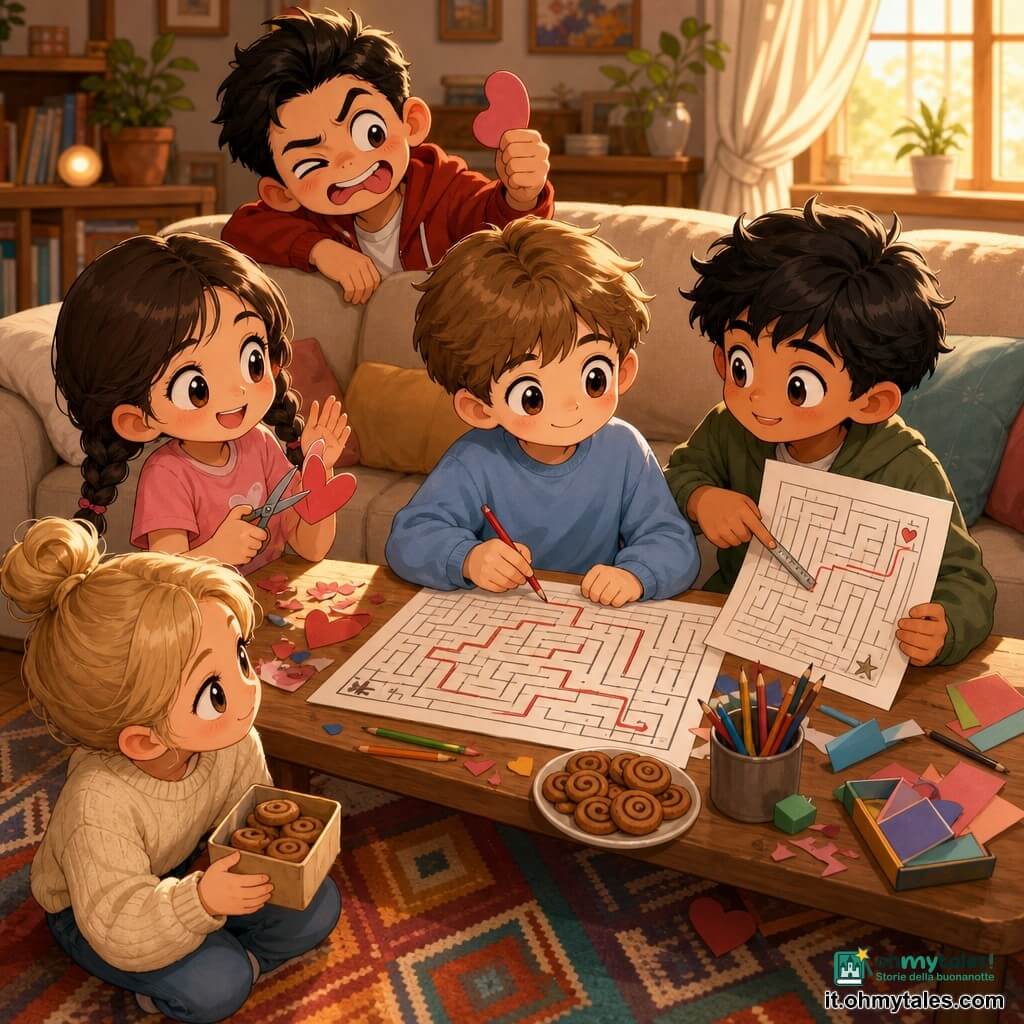 Ci sono 5 bambini: Tommaso, ~12 anni, capelli castano chiaro curati, occhi grandi, maglione azzurro, seduto al centro del tavolino mentre traccia un percorso su un grande foglio-labirinto e sorride timidamente; Amir, ~12 anni, capelli neri leggermente spettinati, pelle olivastra, giacca verde, a destra di Tommaso, mostra il suo disegno e indica una regola con un simbolo; Giulia, ~12 anni, capelli castani in due trecce, maglietta rosa, a sinistra di Tommaso, ritaglia cuori di carta e applaude; Sara, ~12 anni, capelli biondi raccolti, maglione panna, accovacciata vicino al tappeto, tiene una scatola di biscotti e ascolta; Nico, ~12 anni, capelli neri corti, espressione buffa, giacca rossa, in piedi dietro il divano, fa una smorfia tenendo un cuore di carta a forma di fagiolo. Ambientazione: salotto caldo di pomeriggio con tavolino in legno chiaro, divano beige, tappeto colorato, finestra con tende leggere e luce aranciata, biscotti alla cannella su un piatto, fogli e pennarelli sparsi. Situazione: gruppo riunito intorno a un grande labirinto disegnato; ciascuno traccia un percorso colorato e compie piccoli gesti gentili indicati da simboli (stella, tazza, nuvola, palla); scena dolce e gioiosa, colori pastello vivaci, espressioni chibi esagerate, atmosfera intima con composizione centrata sul gioco e sui volti complici.