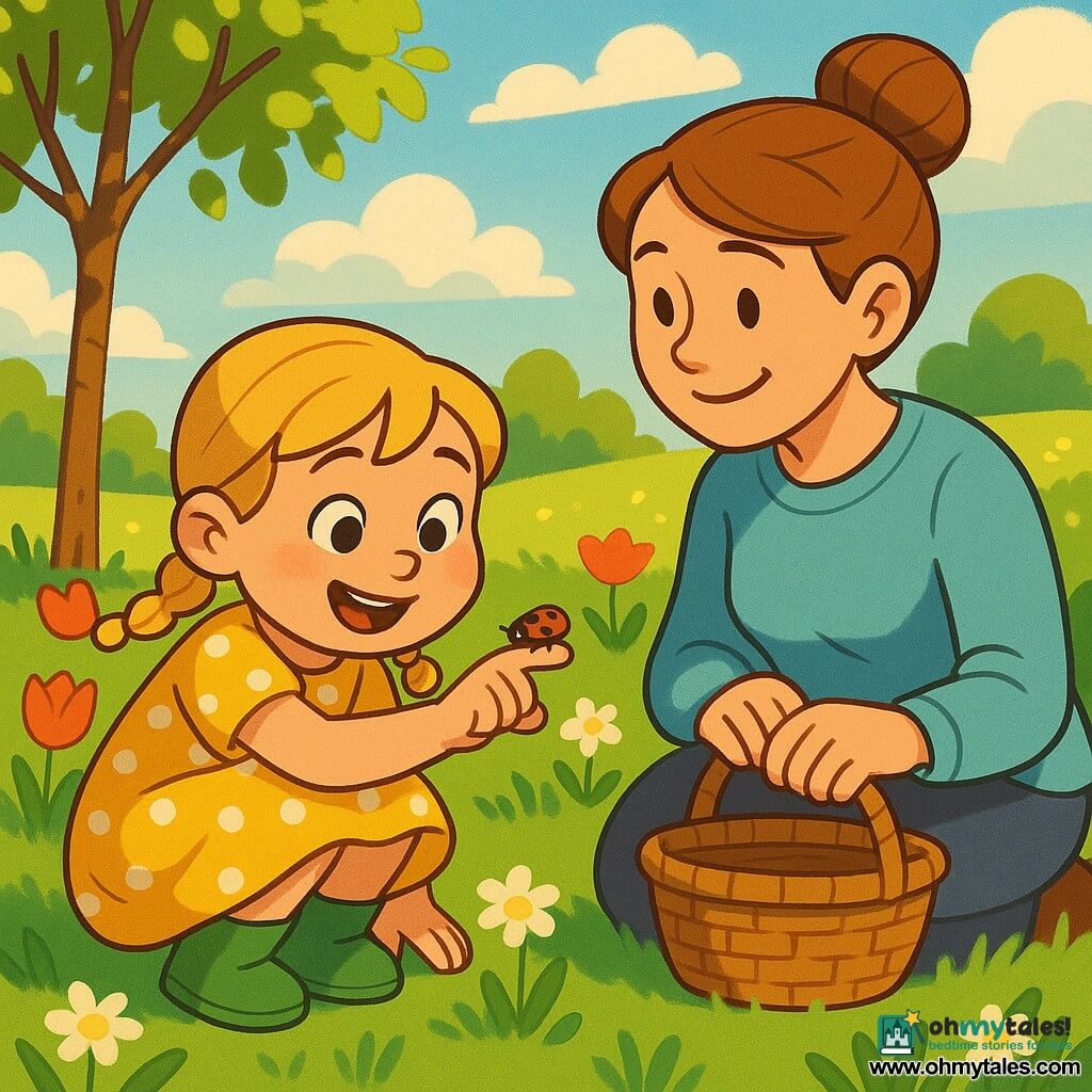 A joyful, wide-eyed 4-year-old girl with round cheeks and blonde pigtails wears a yellow polka-dot dress and green boots; she crouches in the grass, reaching to observe a red ladybug with black spots walking on her finger. Her mother, around 30, smiling and gentle with brown hair in a bun and a light blue sweater, sits beside her on the grass holding a wicker basket and watching tenderly. The bright spring garden has a green lawn, red and yellow tulips, white daisies, a small tree with fresh green leaves and a blue sky with fluffy clouds; warm morning light falls across the scene, which captures a calm, wondrous moment of discovery, with attention to the soft grass, the dress pattern, and the girl's shining eyes.