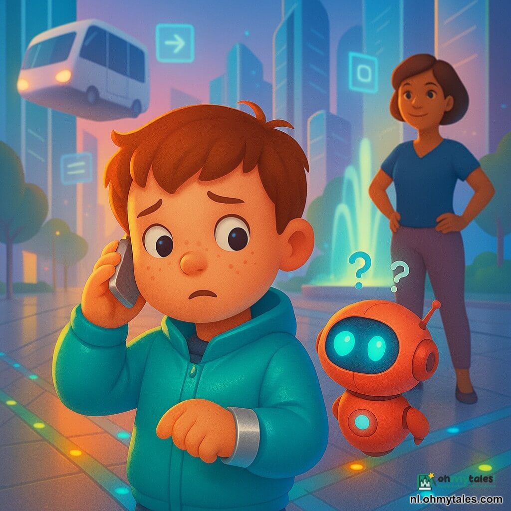 Een 6-jarige jongen met rond gezicht en sproeten, nieuwsgierige licht bezorgde blik, draagt een glanzende turquoise jas en houdt een zilveren armbandje tegen zijn oor; een klein rond koraalrood gezelschapsrobotje met blauw lichtend oog zweeft ter hoogte van zijn rechterschouder en toont verwarde pictogrammen; de moeder (ongeveer 30), kort bruin haar, handen in de zij bij een lichtgevende fontein, kijkt toe; de scène speelt zich af op een brede gepolijste glazen avenue met hoge gladde woontorens, witte vliegbussen en drijvende holografische borden; de vloer toont de Lichtroute: ingebouwde knipperende lampjes (blauw, groen, geel) die in onregelmatige lijnen kruisen; hoofdactie: de jongen raakt zijn armband aan om het lichtpad te herstellen terwijl de lampjes om hem heen knipperen en het robotje waakt en de moeder vanaf de fontein kijkt; zacht schemerlicht, sterke contrasten, felle kleuren, gladde texturen, kinderlijke uitnodigende stijl.