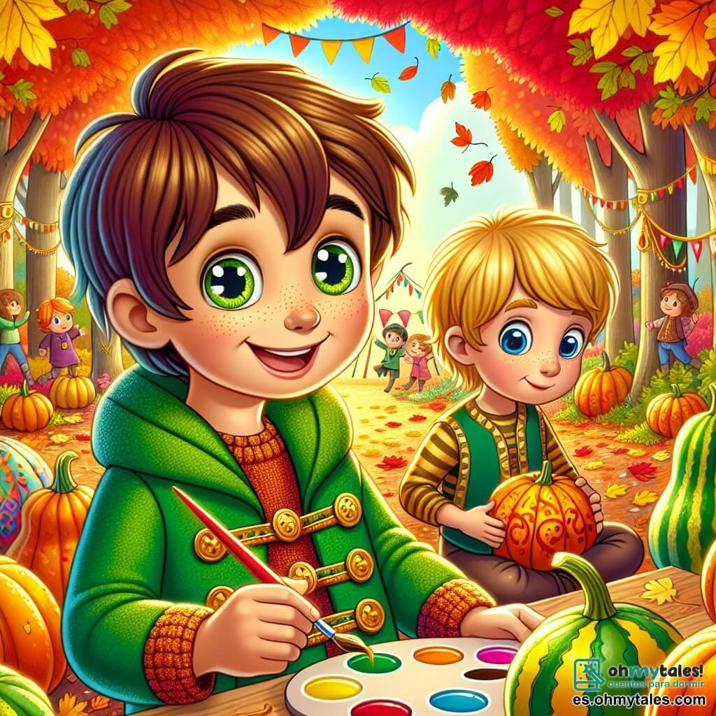 Un niño de 8 años, Tomás, con cabello castaño y ojos llenos de curiosidad, está pintando una calabaza. Lleva un abrigo verde brillante con botones dorados que brillan al sol, y su rostro está iluminado por una gran sonrisa de emoción. A su lado, su amigo Martín, también de 8 años, con cabello rubio y ojos azules, observa atentamente, sosteniendo una paleta de colores en sus manos. El lugar es un claro del bosque en otoño, rodeado de árboles con hojas rojas, naranjas y amarillas, y rayos de sol filtrándose entre las ramas. La escena principal muestra a Tomás y Martín concentrados en su actividad, rodeados de otros niños que decoran calabazas, mientras una gran fiesta de otoño se prepara de fondo, con guirnaldas de hojas y linternas brillantes.