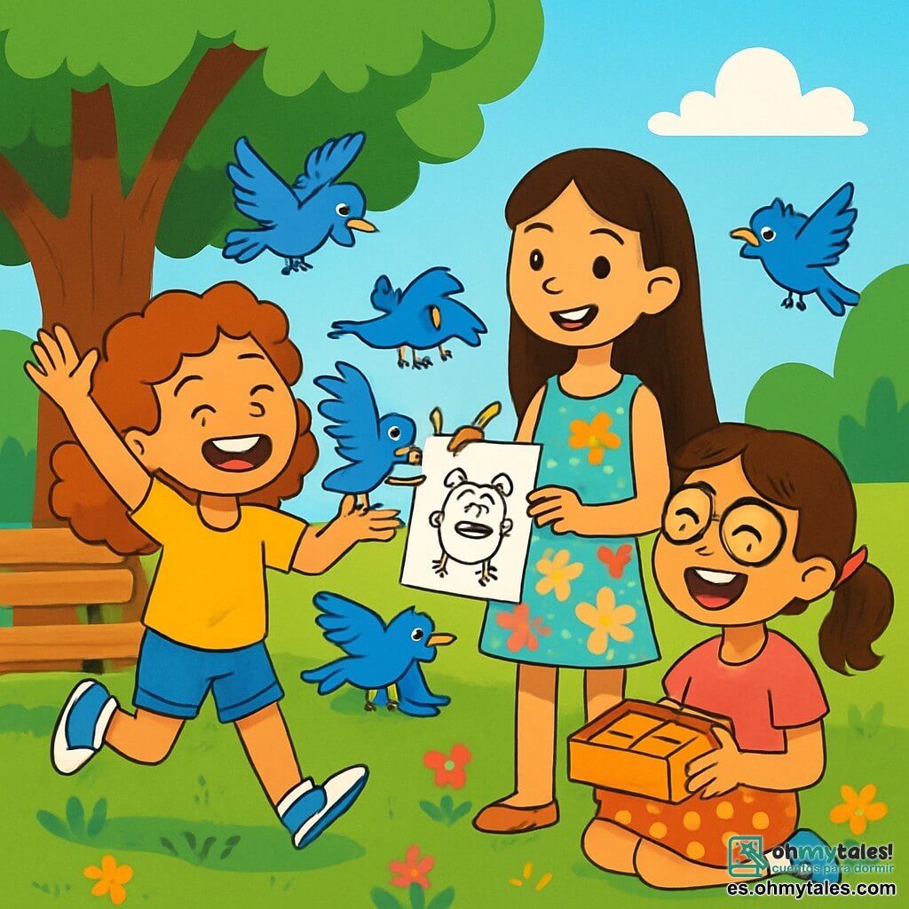Hay 3 personajes: Clara, una niña de 9 años con cabello rizado y una gran sonrisa traviesa, lleva una camiseta amarilla y un short de mezclilla, y salta de alegría cerca de un gran árbol. Sofía, una niña de 10 años, alta y delgada, con cabello largo y liso, lleva un vestido de flores colorido y sostiene un lápiz, dibujando un extraño monstruo en un papel. Valentina, una niña de 9 años con dos coletas y gafas redondas, lleva una camiseta rosa y una falda de lunares, sentada en la hierba, ríe a carcajadas mientras sostiene una caja de galletas. La escena tiene lugar en un parque soleado con grandes árboles verdes, flores coloridas y un cielo azul brillante. Las tres amigas están en busca de un tesoro, rodeadas de risas y alegría, con pájaros volando alrededor, atraídos por las galletas. Clara intenta ahuyentar a los pájaros que picotean las galletas, mientras Sofía y Valentina ríen y animan a Clara a no enojarse.