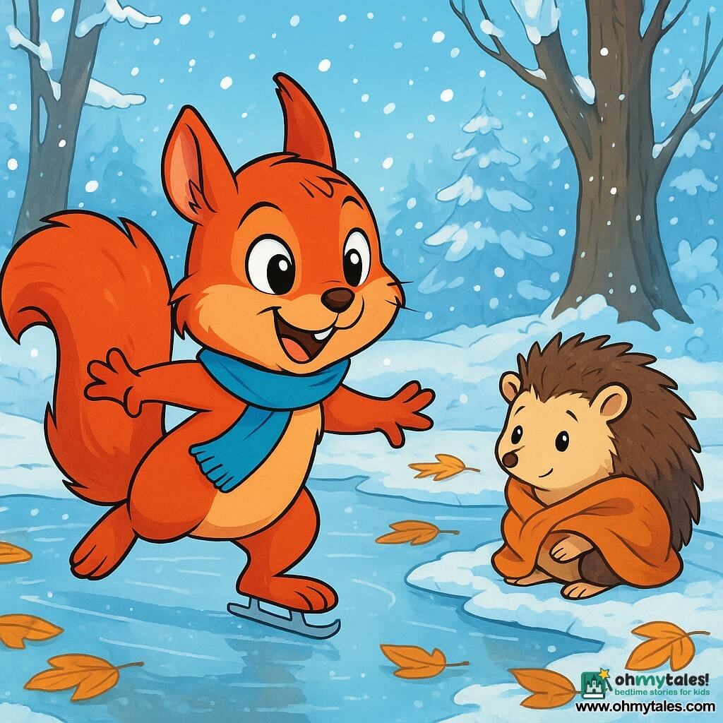 A red squirrel named Moss, with sparkling eyes and shiny fur, joyfully glides on an icy surface, his expression full of excitement and curiosity. He has a small blue scarf wrapped around his neck, and his bushy tail stands upright. Nearby, a small hedgehog named Poppy, with brown spines and a gentle face, timidly watches, her gaze hesitant yet curious. She sits on the edge of the ice, wrapped in a woolen blanket, a slight smile on her lips. The setting is a magical winter forest, with majestic trees covered in sparkling snow, snowflakes gently falling from the light blue sky, and a ground carpeted with frozen leaves that crackle under the animals' paws. The main scene shows Moss joyfully leaping on the ice, while Poppy, though a bit nervous, begins to approach to try gliding alongside him, creating a moment of sharing and discovery in this snowy landscape.