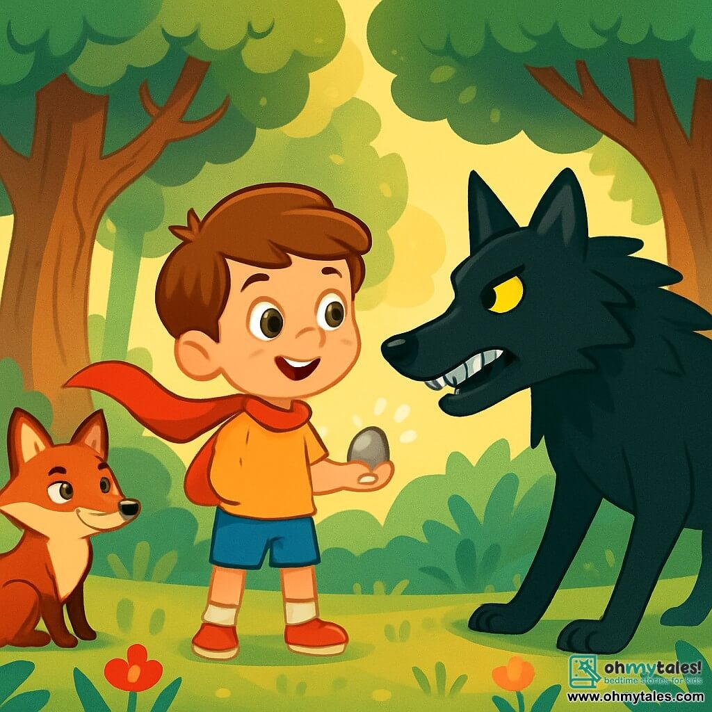 A 6-year-old boy named Oliver stands at the center of the scene. He has brown hair, sparkling curious eyes, and a brave big smile. He wears a red scarf that floats behind him and holds a shiny pebble in his hand. Next to him, a cunning fox with bright red fur and mischievous eyes observes the Big Bad Wolf, who stands a little further away. The wolf, with its night-black fur and sharp teeth, looks at Oliver with a hungry yet intrigued expression. The scene takes place in an enchanted forest, where tall trees with gnarled trunks rise towards the sky, their green leaves filtering sunlight into golden glimmers. Colorful flowers dot the ground, and a gentle breeze makes the tall grass dance. Oliver, looking determined, faces the wolf, ready to use his wit and kindness to overcome fear. The fox in the background seems ready to assist Oliver in this unexpected encounter.