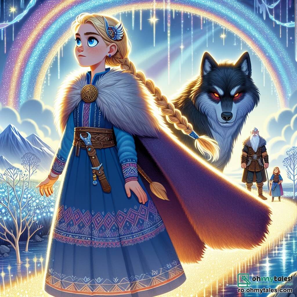 Freya, o fetiță vikingă de aproximativ 12 ani, stă mândră pe un pod de lumină strălucitoare, cu fața iluminată de determinare și uimire. Poartă o rochie lungă din lână de culoare albastru închis, ornamentată cu motive nordice, și o pelerină din blană care flutură ușor în vânt. Părul ei blond, împletit cu mărgele din lemn, strălucește sub soare. Lângă ea, un lup majestuos cu ochi roșii și blană neagră ca noaptea stă protectiv, cu mușchii tensionați și privirea atentă. Mai departe, pe pod, o siluetă impunătoare, un gigant cu barbă albă și haine din piele, observă scena cu un zâmbet binevoitor, cu brațele încrucișate pe piept. Locația este un peisaj feeric, unde un pod de curcubeu se întinde între două lumi, înconjurat de nori luminoși și munți acoperiți de zăpadă care strălucesc sub soare. În fundal, copaci argintii și flori strălucitoare adaugă o notă de magie mediu. Situația principală o arată pe Freya, pregătită să traverseze podul spre necunoscut, cu lupul ei alături, simbolizând curajul și determinarea de a înfrunta provocările care o așteaptă.