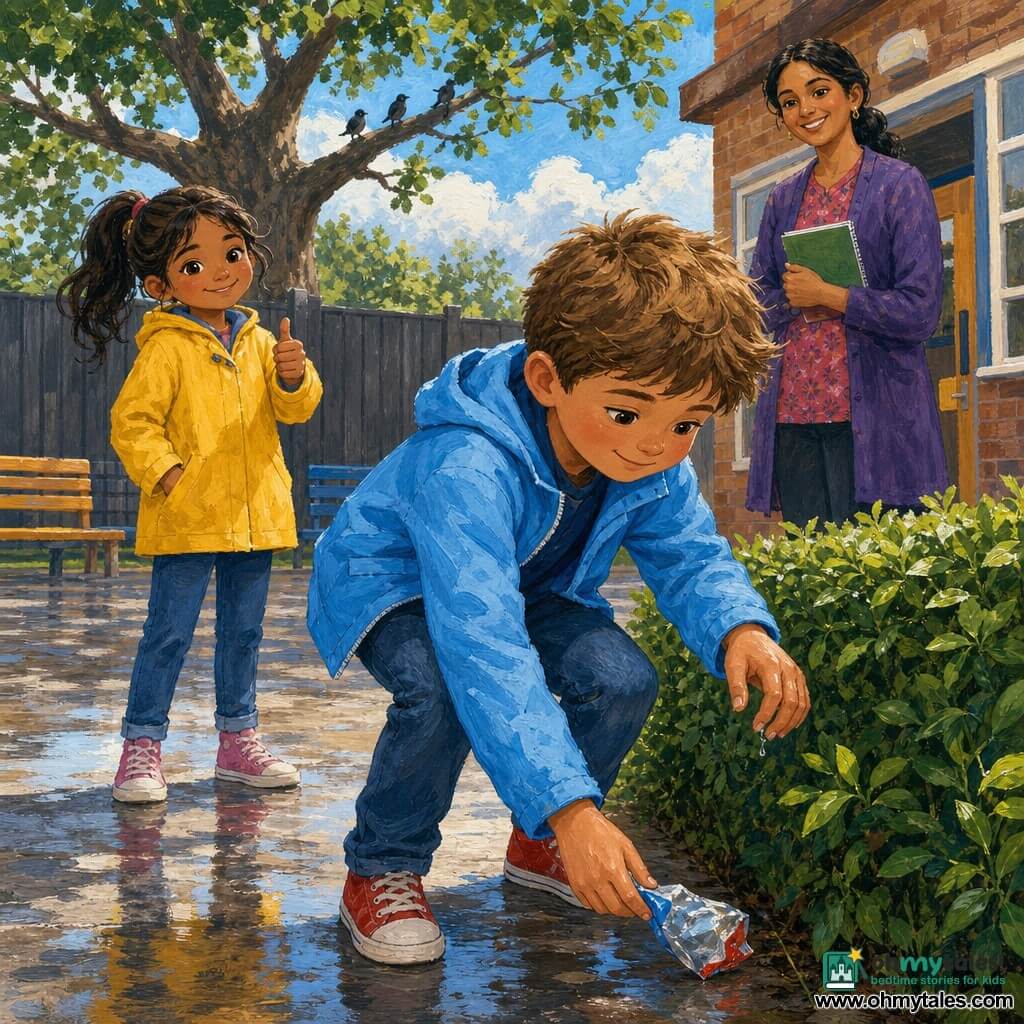 An 8-year-old boy with a round face and tousled light brown hair, leaning forward with a focused, shy smile as he picks up a small wet plastic wrapper near a hedge, wearing a sky-blue coat, jeans and red sneakers, his slightly damp hands creasing the paper; behind him to the left stands an about-8-year-old girl (Mia) with brown hair in a ponytail, looking proud and gentle with her thumb up and a yellow jacket, while a female teacher (Ms. Patel, ~35) with tied black hair and a kind smile watches proudly from near the school door holding a small green notebook; the scene takes place in a wet paved schoolyard with reflective puddles, a dark wooden fence and an old leafy oak, a few benches and a clear sky with light clouds and silhouetted birds, capturing a warm, optimistic morning moment of the boy picking up litter to protect birds, painted in vivid colors with visible acrylic brushstrokes.
