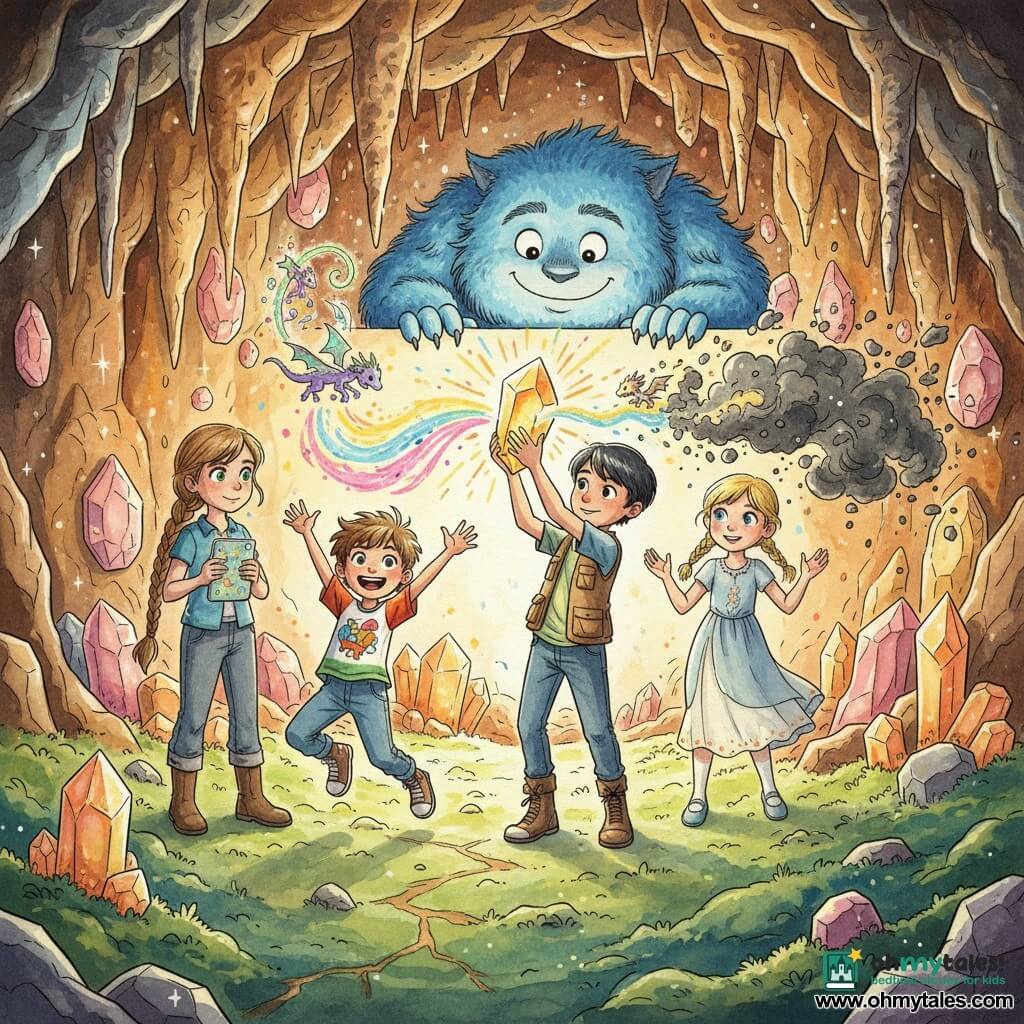 Five characters: Lily, ~10, bright green eyes, light brown braided hair, practical outfit, holding a small round light tablet in her left hand, standing left and focused on the crystal; Max, ~9, tousled brown hair, big grin, colorful T‑shirt, foreground jumping with arms raised slightly left of center; Sophie, ~10, blonde braids, light dress, hands raised as if calling creatures, right side, gentle expressive face; Leo, ~11, fair skin, short black hair, explorer jacket, holding a large glowing crystal high at center-right foreground; and a guardian creature, tall nonhuman with thick blue fur, friendly round eyes, protective stance behind the cave entrance leaning toward the children. Setting: a sparkling crystalline cave with multicolored geodes, golden glints, glittering stalactites, soft mossy floor glowing green, and warm light shafts. Main action: the children hold a large golden crystal sending colored beams at a dark swirling mass at the cave entrance as tiny iridescent dragons whirl overhead with glittering breaths while the dark mass disintegrates into light particles; mood victorious with contrasting grays dissolving under warm yellow, pink, and blue highlights. Style: colored ink, clean lines, detailed fur and crystal textures, clear joyful childlike expressions.