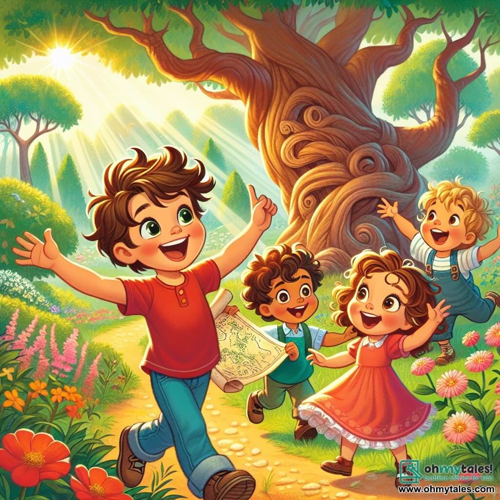 In a sunny park, four friends are gathered for an adventure. Max, a four-year-old boy with messy brown hair and a red t-shirt, holds a treasure map and smiles enthusiastically. Next to him, Leo, another four-year-old boy with blonde hair and round glasses, points at a large twisted tree, his eyes shining with excitement. Sam, a four-year-old girl with curly hair in a pink dress, joyfully dances around them, her arms raised to the sky. Finally, Tiny, a small boy with brown hair and a tiny stature, stands near the flowers, his eyes wide with curiosity. The park is filled with tall trees with green leaves, colorful flowers dancing in the wind, and rays of sunshine filtering through the branches. In the distance, a winding path appears to lead to a secret place. The four friends discover a hidden path behind a bush of yellow flowers and are eager to explore it, excited to find a mysterious treasure.