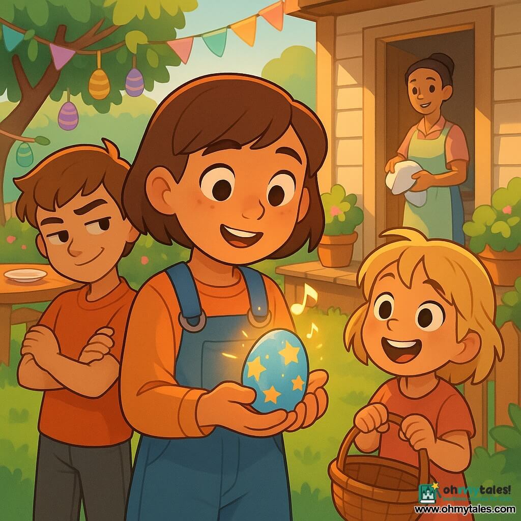 12-year-old Mia, round-faced with freckles and chin-length brown hair, looks amazed as she holds an open sky-blue egg decorated with gold stars emitting warm light and a gentle melody; 12-year-old Leo, light brown hair and a teasing but softened expression, stands slightly behind to the left with arms crossed and a wry smile; 6-year-old Poppy, small with tousled blonde hair and bright laughing eyes, stands right near the fence holding a wicker basket and admiring the egg; their mother (~35, hair tied, pastel apron) dries a plate on the terrace with a warm surprised face; morning Easter garden with green lawn, low apple tree bearing painted eggs, pastel garlands and ribbons, flower pots, a wooden table with empty plates, pastel palette and golden morning light, composition centered on the glowing magical egg and the warm shared moment.