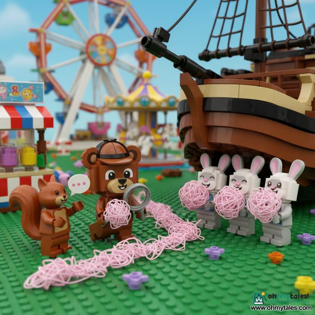 A small LEGO detective bear with soft brown fur, shiny round eyes, a brown detective hat and a silver magnifying glass kneels to pick up a sticky piece of pink cotton candy; three little LEGO bunnies, white and gray with pink noses and fuzzy whiskers covered in pink sugar strands, laugh and hold cotton candy balls while sitting under the hull of a large wooden pirate ship; a chatty red squirrel LEGO with a bushy tail smiles near a colorful candy stand to the left, watching; the scene is a bright LEGO fairground with a multicolored Ferris wheel, a colorful horse carousel, a red-and-white striped sweet stall, green tiled ground with flowers and confetti; main action: the detective bear follows a trail of pink fluff to the pirate ship and discovers the bunnies eating cotton candy, joyful scene with saturated colors and sticky sugar details.