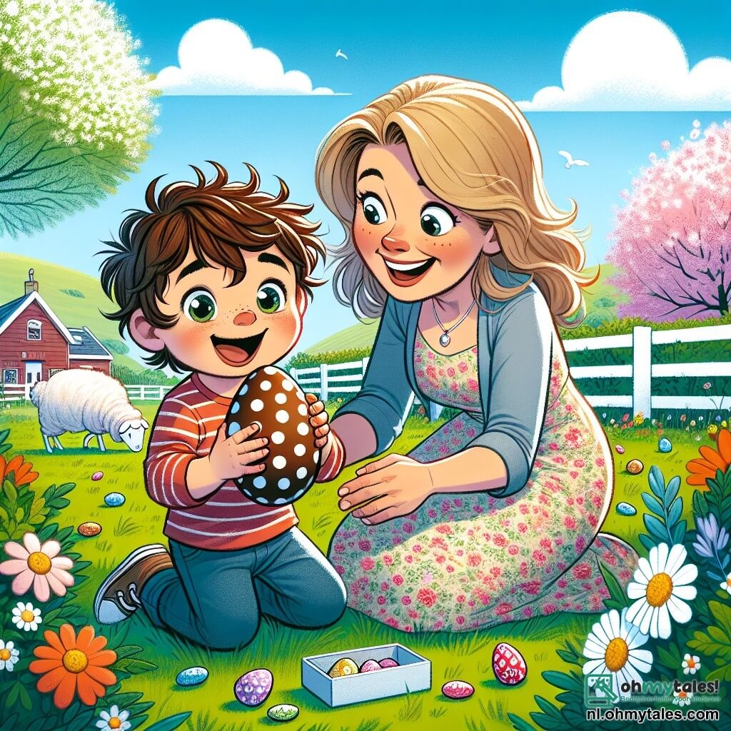 Een jongen van 2 jaar, Tim, met rommelig kastanjebruin haar en sprankelende ogen, zit op de grond in het groene gras met een grote glimlach op zijn gezicht. Hij houdt een gekleurd chocolade-ei in zijn kleine handen en kijkt verwonderd naar zijn ontdekking. Naast hem knielt zijn moeder, een vrouw van ongeveer 30 jaar met lang blond haar, in een bloeiende lentekleed. Ze lacht en moedigt Tim aan terwijl ze hem andere eieren laat zien die in de tuin verstopt zijn. De achtergrond toont een charmante boerderij in volle bloei, met kleurrijke bloemen, bloeiende bomen en een omheining met rustige witte schapen. De lucht is blauw met enkele donzige witte wolken. Het belangrijkste moment toont Tim die enthousiast zijn chocolade-ei onder een struik ontdekt, terwijl zijn moeder hem aanmoedigt en de zon vrolijk schijnt op deze lentescène.