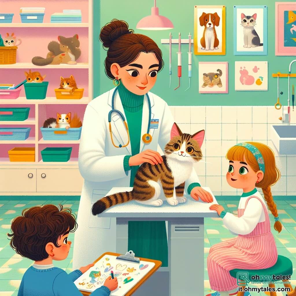 Una veterinaria, Giulia, è una giovane donna di circa trent'anni con i capelli castani raccolti in uno chignon, che indossa un camice bianco. Il suo volto esprime concentrazione e benevolenza mentre esamina un piccolo gatto tigrato di nome Tigro, seduto su un tavolo da visita. Accanto a lei, un ragazzo di circa 8 anni di nome Luca, con i capelli ricci e gli occhi pieni di curiosità, osserva attentamente la scena, con le mani appoggiate sul tavolo. Un'altra bambina, Sofia, di 7 anni con trecce bionde, tiene un quaderno da disegno e disegna con entusiasmo ciò che vede. La scena si svolge in una clinica veterinaria luminosa e accogliente, con pareti dipinte di verde pastello e manifesti colorati di animali. Giocattoli per animali sono sparsi sul pavimento e una grande finestra lascia entrare la luce del sole, illuminando la stanza. Giulia sta effettuando un controllo di routine su Tigro, controllando le sue orecchie con un piccolo strumento, mentre Luca e Sofia osservano con fascino, imparando l'importanza di prendersi cura degli animali.