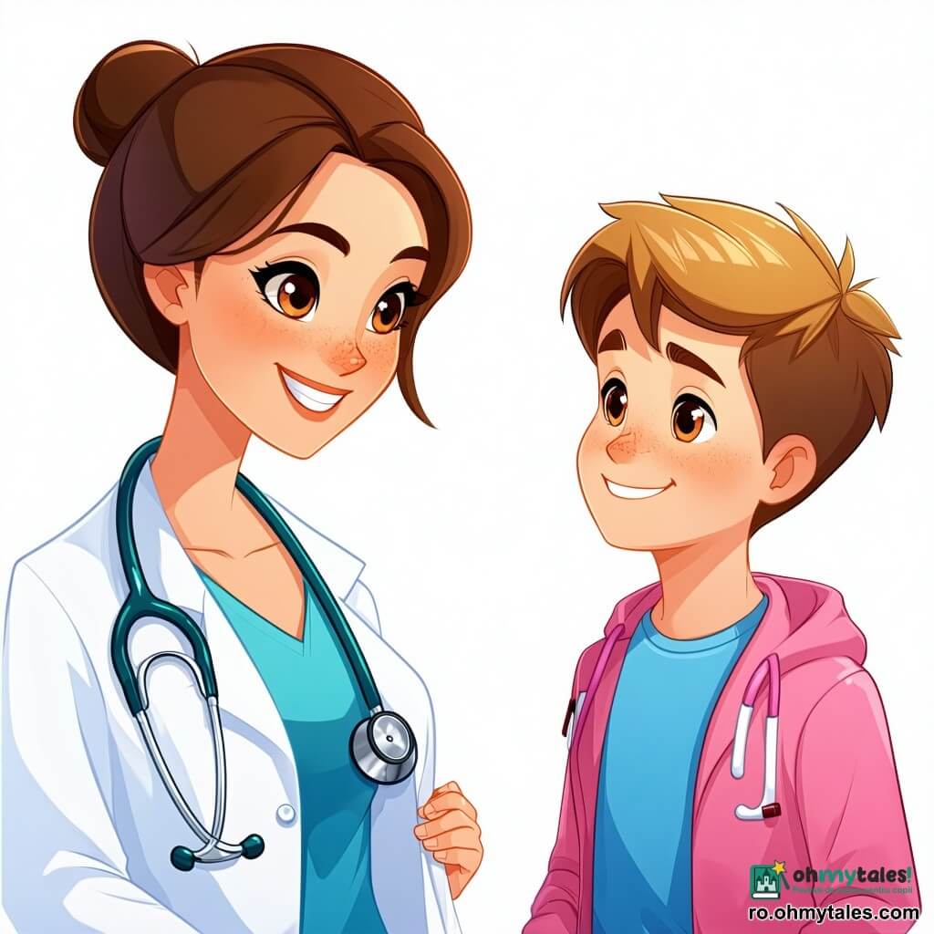 O doctoriță, în jur de treizeci de ani, cu părul castaniu prins în coc, poartă un halat alb impecabil și un stetoscop la gât. Are un zâmbet cald și ochi strălucitori de bunătate, în timp ce ascultă cu atenție inima unui băiat tânăr, Matei, în vârstă de 10 ani, care stă în fața ei, puțin nervos dar curios, cu ochii de culoare miere și un tricou albastru. În cameră, o asistentă, Ana, în jur de douăzeci de ani, cu părul blond și un halat roz, notează informații într-un carnet, observând scena cu un zâmbet încurajator. Cabinetul medical este luminos, cu pereți vopsiți în verde liniștitor, decorat cu postere educaționale despre sănătate și o fereastră mare care lasă să intre lumina soarelui. Situația principală o arată pe doctoriță explicându-i lui Matei cum să folosească un inhalator, cu gesturi blânde și liniștitoare, în timp ce băiatul, intrigat, ține aparatul în mâini, pregătit să învețe.