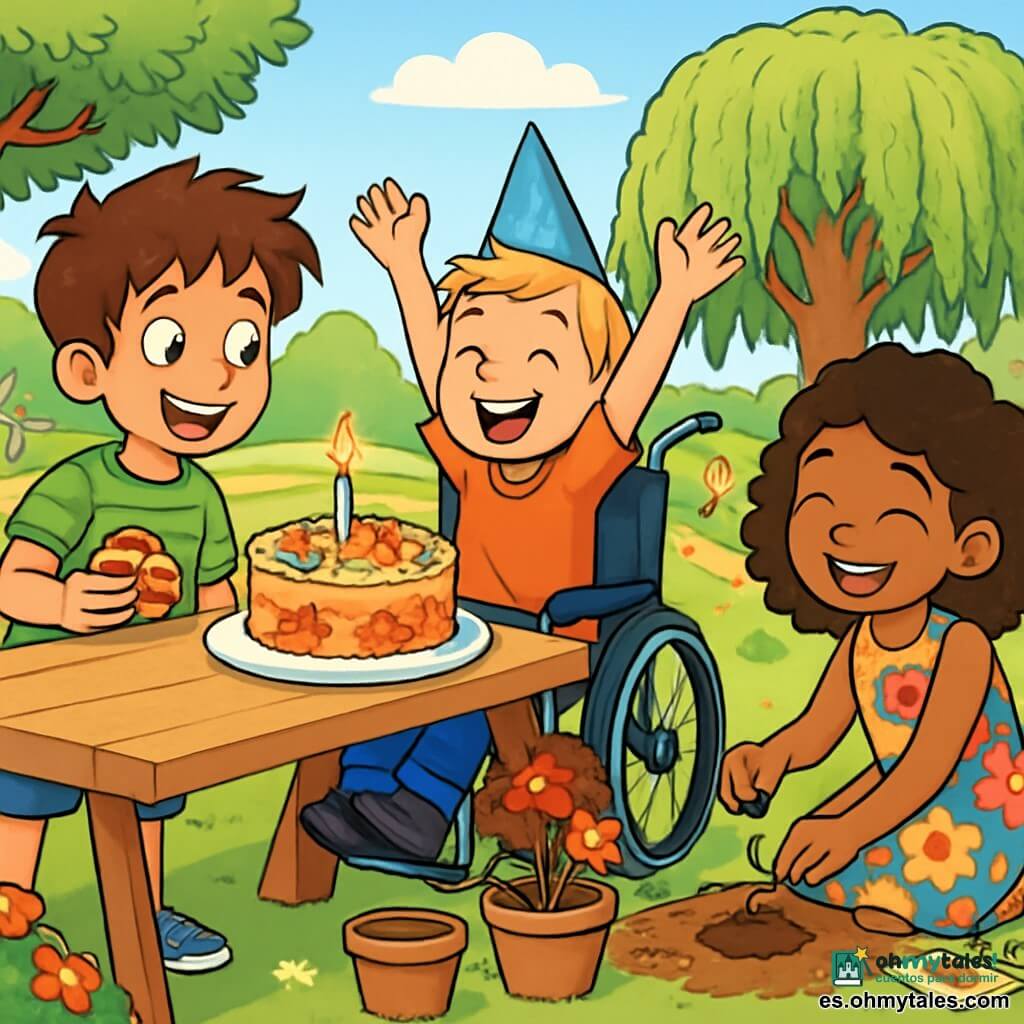 Hay 3 personajes: - Lucas: Un niño de 10 años con cabello castaño desordenado y ojos brillantes. Lleva una camiseta de rayas verdes y un short azul. Está sonriendo alegremente, sosteniendo un trozo de pastel en su mano. - Tomás: Un niño de 10 años con cabello corto y rubio, que lleva un gorro de fiesta azul un poco grande. Está en su silla de ruedas, riendo y levantando los brazos en señal de celebración. - Una niña pequeña: Una niña de 7 años con cabello rizado y un vestido colorido con flores. Está sentada en el suelo, rodeada de macetas y semillas, plantando una semilla con una gran sonrisa. El lugar es un parque soleado, lleno de grandes árboles con hojas verdes brillantes, con un gran sauce llorón en el centro. Niños juegan alrededor, flores coloridas bordean el camino, y una gran mesa de madera está servida con una bonita tarta decorada con flores comestibles. La situación principal muestra a Lucas y Tomás celebrando un cumpleaños, rodeados de amigos, soplando una vela del pastel, mientras la niña planta semillas a su lado, todos radiantes de alegría y amistad.