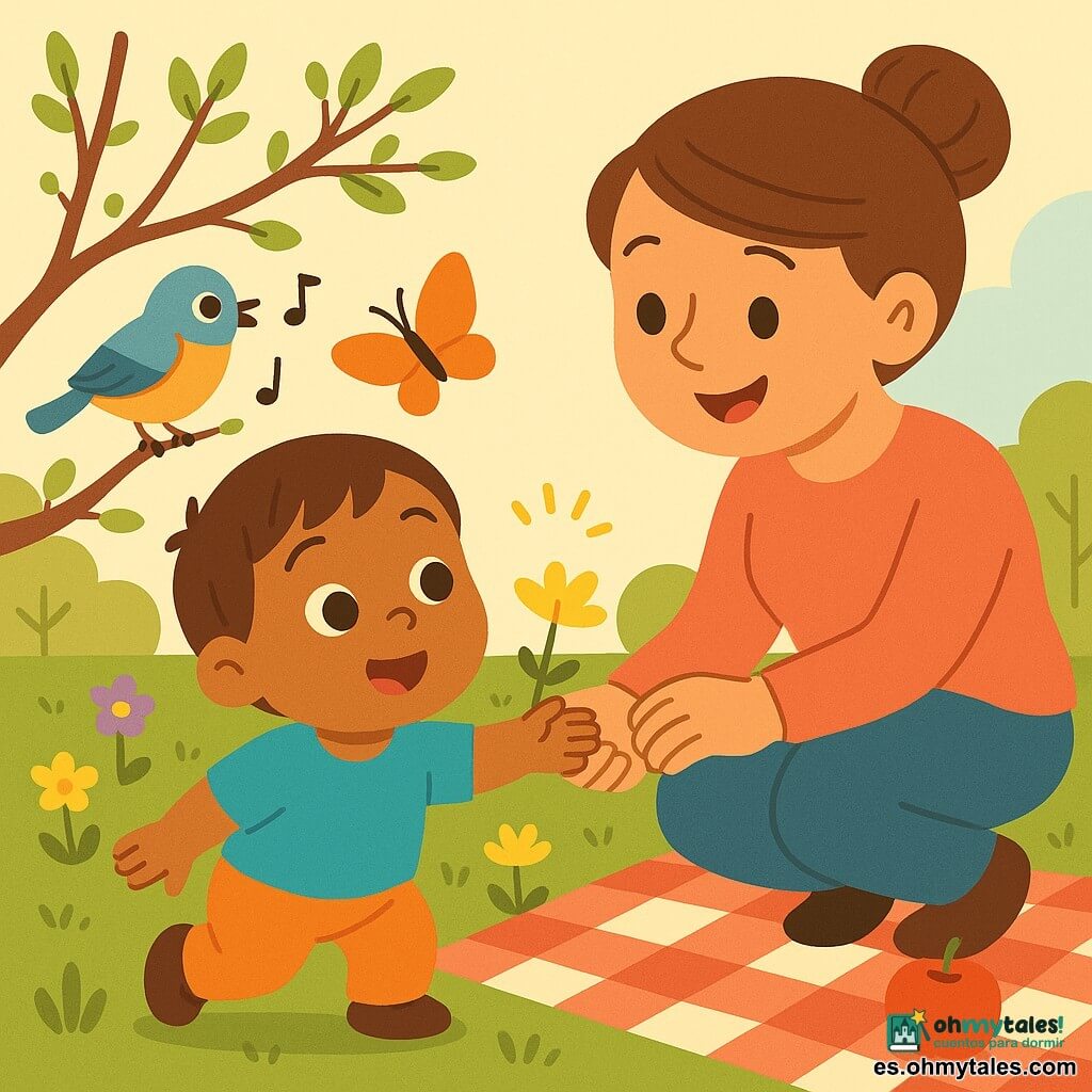 Un niño de 2 años, feliz y maravillado, rostro redondo, pelo castaño corto, mejillas rosadas, ojos grandes y brillantes, extiende la mano para tocar una pequeña flor amarilla y sigue con curiosidad una mariposa naranja; una mujer adulta (madre, ~30 años), sonriente y amable, piel clara, cabello castaño recogido en moño, agachada junto a una manta a cuadros, sujetando la mano del niño y mirándole; un pájaro pequeño y colorido posado en una rama cercana, cantando con las alas plegadas y mirando al niño; jardín primaveral luminoso con césped verde, pequeñas flores amarillas y violetas, un árbol con hojas jóvenes y brotes verdes, cielo azul pálido, manta roja y blanca sobre la hierba y una manzana roja al lado; escena principal: momento tranquilo y dulce al atardecer, composición simple, formas redondeadas, colores pastel vivos, contrastes suaves y contornos limpios.