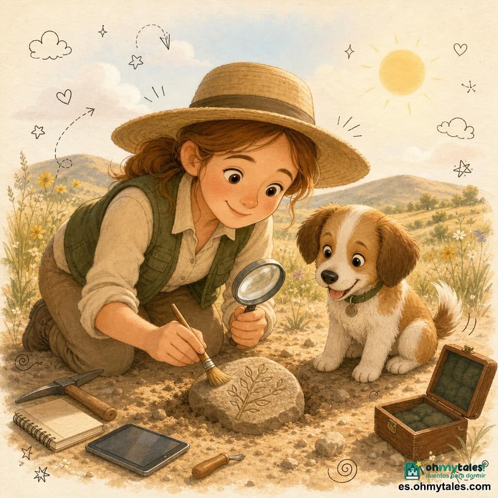 Ana, arqueóloga sonriente y dulce de rostro redondo, piel clara y coleta castaño claro, con gran sombrero de paja, camisa beige remangada y chaleco kaki, está a cuatro patas limpiando con delicadeza una pequeña piedra grabada con un pincel fino; a su lado, Max, un perro macho marrón y blanco de pelaje suave y orejas caídas de unos 3 años, la observa moviendo la cola. Sostiene también una lupa de metal y coloca la piedra en una pequeña caja de madera acolchada abierta sobre la hierba; alrededor hay herramientas pequeñas (alfiler, cuaderno, tableta) y doodles infantiles (flechas, estrellitas) superpuestos. El paisaje es un campo soleado de suelo arenoso y claro con hierbas bajas amarillas, flores silvestres, colinas suaves y cielo azul pálido con luz cálida de tarde; estilo de colores cálidos y pastel, trazos redondeados y texturas de papel.
