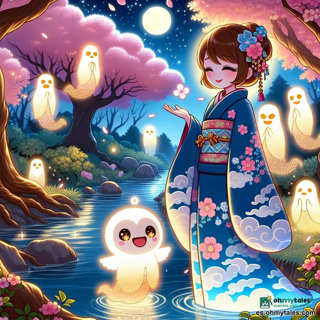 Una mujer llamada Hana, de unos 30 años, se encuentra al borde de un arroyo que brilla bajo la luna. Lleva un kimono azul decorado con motivos de nubes y delicadas flores de cerezo. Su rostro es suave y sereno, expresando una profunda gratitud. A su lado, un kodama, un pequeño espíritu del bosque, aparece, brillante y alegre, con ojos chispeantes y una sonrisa traviesa. Él danza a su alrededor, añadiendo un toque de magia a la escena. En el fondo, ancestros luminosos, envueltos en una suave luz dorada, flotan cerca de majestuosos árboles, sus rostros benevolentes irradiando sabiduría. El lugar es un jardín encantador, lleno de cerezos en flor, cuyas pétalos caen como nieve rosa, y el cielo está salpicado de estrellas brillantes. La situación principal muestra a Hana, con los brazos abiertos, acogiendo a los espíritus en una danza alegre, mientras la suave brisa hace vibrar las hojas a su alrededor, creando una atmósfera de fiesta y conexión con la naturaleza.