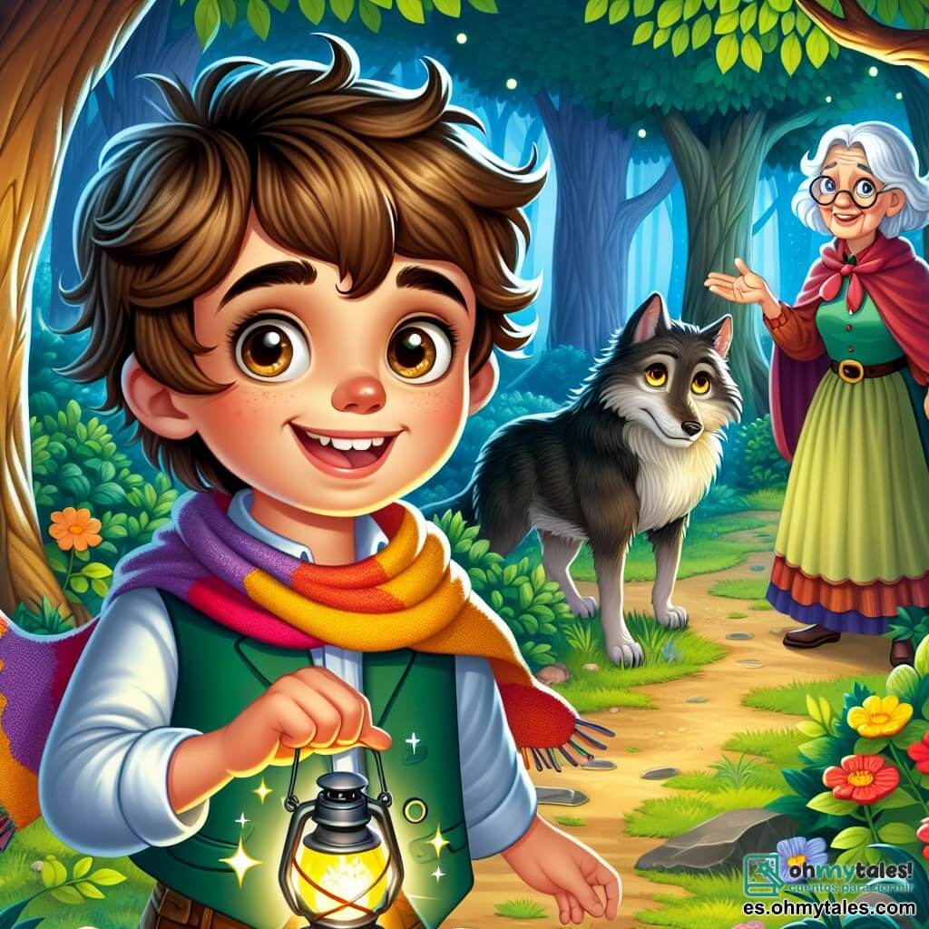 Un niño de 8 años, Tomás, con el cabello castaño desordenado y grandes ojos curiosos, se encuentra en medio de un sendero forestal, con el rostro iluminado por la emoción y un poco de inquietud. Sostiene una pequeña linterna que brilla como una estrella, y su bufanda colorida ondea suavemente en el viento. Cerca de él, una anciana, la abuela de Tomás, con cabello blanco y una sonrisa cálida, lo observa desde un árbol, lista para darle consejos. El lugar es un bosque denso, donde los majestuosos árboles se alzan como gigantes, formando un techo natural con sus hojas verdes, mientras flores luminosas bordean el camino, añadiendo toques de color brillante al suelo. La situación principal muestra a Tomás dudando entre tres senderos misteriosos, cada uno prometiendo una aventura diferente, mientras un lobo de ojos brillantes y pelaje oscuro se esconde en la sombra, listo para saltar.