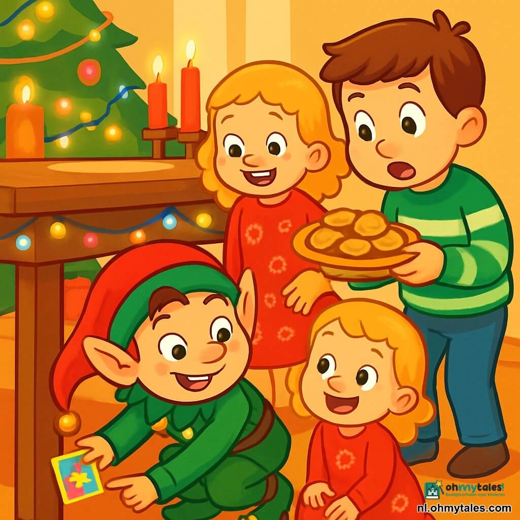 Een kleine ondeugende elf met een grote ondeugende glimlach, gekleed in een felrode muts en groene kleren versierd met glinsterende belletjes, staat onder een rustieke houten tafel en plakt een kleurrijk briefje op een van de tafelpoten. Zijn ogen twinkelen van vreugde en opwinding. Naast hem kijkt een klein meisje met krullend blond haar, gekleed in een rode jurk met sneeuwvlokmotieven, verwonderd naar de elf, haar gezicht verlicht door een stralende glimlach. Een jongen met bruin haar, gekleed in een gestreepte groene en witte trui, leunt naar voren met grote ogen van verrassing, terwijl hij een schaal met koekjes in zijn handen houdt. De scène speelt zich af in een gezellige eetkamer, versierd voor Kerstmis, met een grote houten tafel versierd met lichtslingers, glinsterende kaarsen en een kerstboom die schittert op de achtergrond. De ondeugende elf, helemaal opgewonden, is van plan een grap te maken door zijn briefje onder de tafel te plaatsen, terwijl de kinderen, nieuwsgierig en blij, zich voorbereiden om zijn geheim te ontdekken.