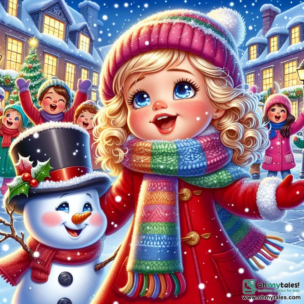 A 7-year-old girl named Lily, with sparkling blue eyes and curly golden hair, smiles in wonder as she joyfully sings in the snowy street. She wears a bright red coat, a multicolored wool scarf, and matching gloves, her cheeks rosy from the cold. Beside her, a little snowman named Frosty, with a wide smile, a black hat, and a red scarf, dances happily, his branch arms raised. He seems full of life and energy, encouraging the children to sing along. In the background, children of all ages, from 6 to 10 years old, join in, laughing and singing, their faces lit up by the magic of Christmas. They are surrounded by houses decorated with twinkling lights and gently falling snowflakes, creating a fairy-tale atmosphere. The scene takes place in a charming small town, Twinkling Pines, where the streets are covered in a thick layer of snow, and the trees are adorned with glowing garlands. Lily and Frosty, surrounded by their friends, sing Christmas carols, spreading joy and magic in the cold, sparkling air.