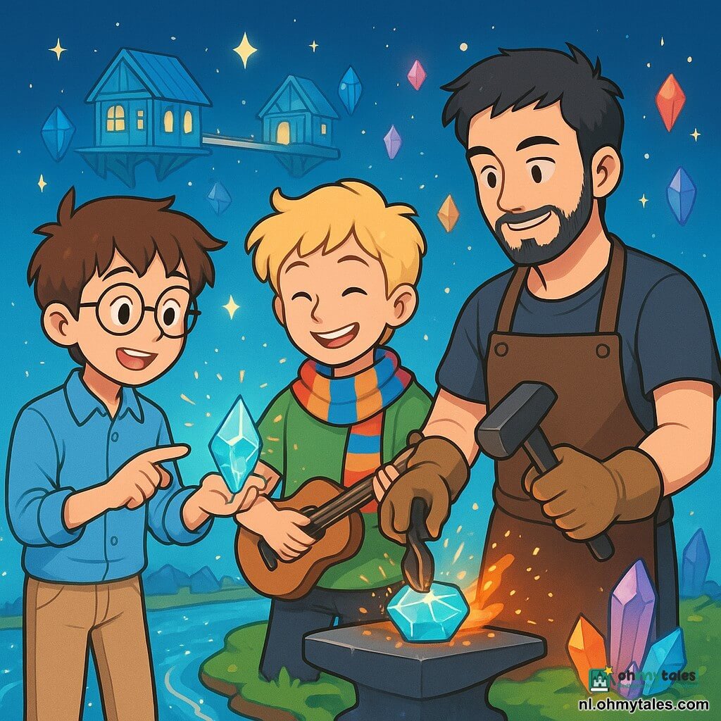Er zijn 3 personages: - Bram: een 12-jarig meisje met rommelig bruin haar en ronde bril. Hij draagt een blauwe shirt en beige broek, en houdt een notitieboekje in één hand terwijl hij met de andere hand naar een glanzende kristal wijst. - Tijm: een 12-jarig jongen met blond haar en een kleurrijke sjaal om zijn nek. Hij draagt een groene t-shirt en zwarte broek, en glimlacht vrolijk terwijl hij op een klein muziekinstrument speelt en een melodie creëert. - De Smid: een 18-jarige jongeman met zwart haar en een lichte baard. Hij draagt een leren schort en handschoenen, en staat bij een smidse, terwijl hij een stuk kristal aan het bewerken is. De personages zijn verzameld op een klein drijvend eiland, omringd door een rivier van glinsterend licht. Op de achtergrond zweven huizen van glas en hout in de blauwe lucht, verbonden door verlichte bruggen. Sterren stralen boven hen en gekleurde kristallen geven een zachte gloed. De belangrijkste situatie toont Bram en Tijm die samenwerken met de Smid om een glanzende kristal te smeden die de magie van de ovens in hun dorp zal herstellen. Ze werken samen, verenigd door muziek en licht, terwijl vonken om hen heen vliegen en een sfeer van magie en avontuur creëren.