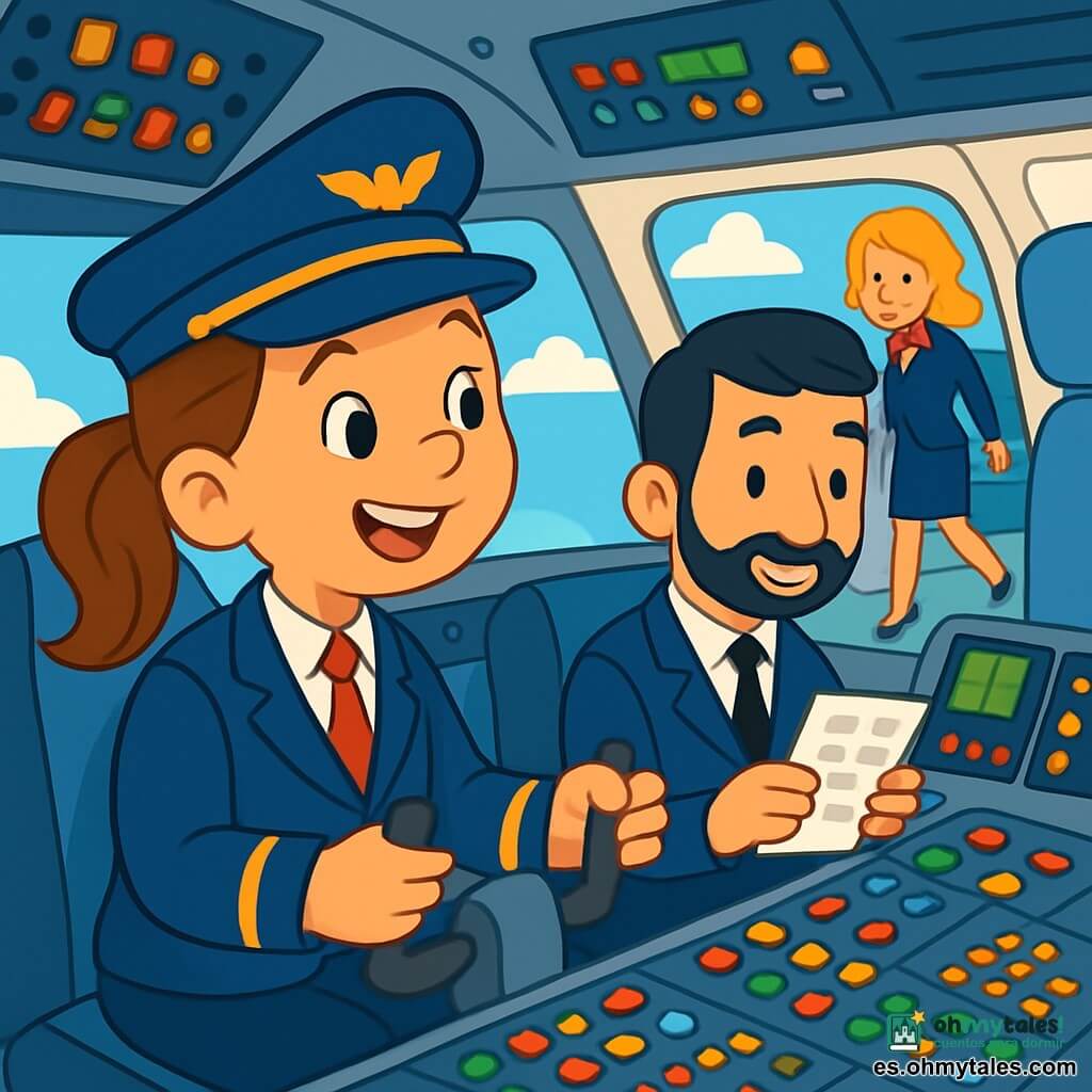 Una piloto mujer, la capitana Elena, sonriente y confiada, lleva un uniforme azul marino con una gorra a juego. Sus cabellos castaños están recogidos en una coleta ordenada. Ella está sentada en la cabina de un gran avión, rodeada de botones coloridos y luces parpadeantes, mirando con asombro por la ventana. A su lado, Diego, un copiloto de unos 30 años, tiene el cabello negro y una barba bien cuidada. Sonríe y consulta un panel de control, listo para ayudar. Más lejos, Marta, una azafata de unos treinta años, con cabello rubio y un uniforme elegante, se mueve por el pasillo, asegurándose de que todos los pasajeros estén listos. La cabina del avión es espaciosa y luminosa, llena de paneles de control coloridos, asientos cómodos y ventanas que ofrecen una vista espectacular de un cielo azul salpicado de nubes blancas. La escena principal muestra a la capitana Elena pilotando el avión, con una mirada decidida y alegre, mientras se prepara para despegar, rodeada de su equipo, todos unidos en la emoción del vuelo que se avecina.