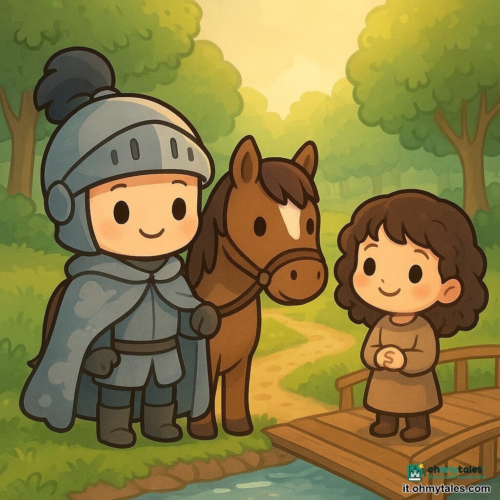 Un cavaliere con un viso sorridente, indossa un mantello grigio simile a nuvole invernali e un piccolo elmo con una piuma scura, si erge fiero accanto al suo cavallo. Il cavallo è un destriero paziente con una macchia bianca sulla fronte. Una bambina di 8 anni, con capelli ricci e un sorriso malizioso, sta accanto al cavaliere, guardandolo con ammirazione. Indossa abiti semplici e ha le guance leggermente arrossate dall'emozione. Sullo sfondo, un sentiero di foresta fiancheggiato da alberi verdi e un piccolo ponte di legno che attraversa un ruscello scintillante. Il cavaliere e la bambina stanno attraversando il ponte, avanzando con cautela. La scena è immersa in una luce soffusa di tardo pomeriggio, con raggi di sole che filtrano attraverso le foglie degli alberi.
