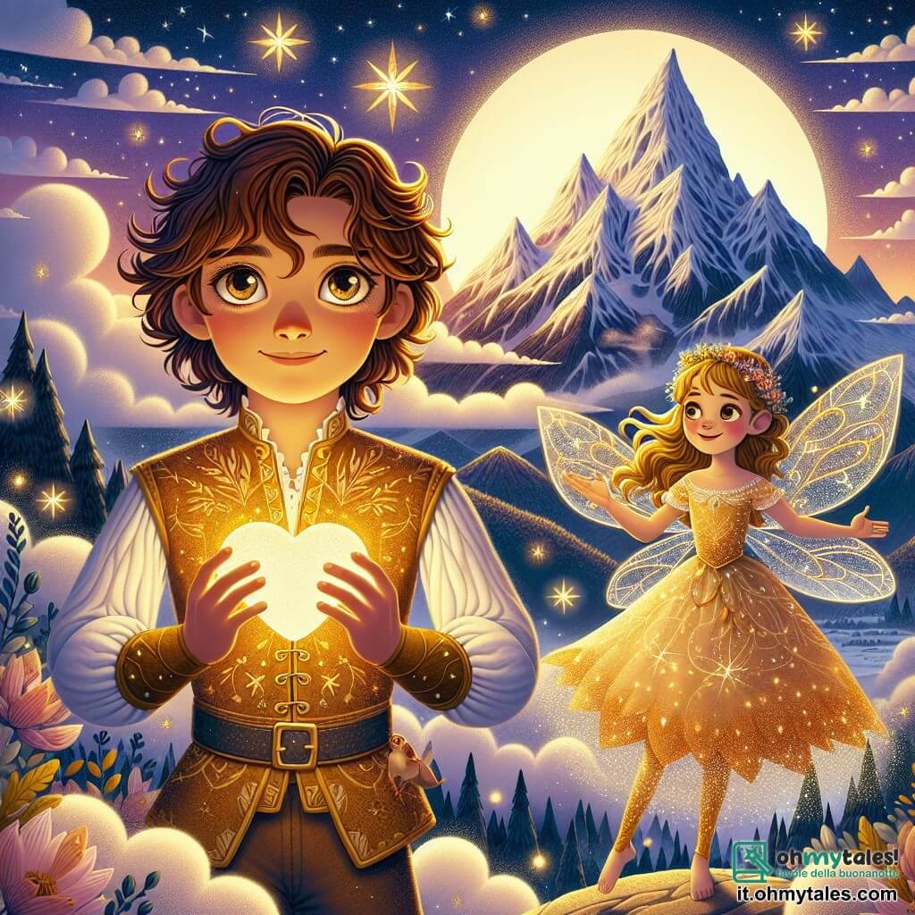 Un giovane principe di nome Elio, di circa 10 anni, si trova sulla cima della Montagna delle Stelle, con occhi brillanti come il cielo al crepuscolo. Ha capelli castani ondulati e indossa una tunica dorata decorata con motivi stellati, esprimendo coraggio e determinazione. Nelle sue mani tiene la Pietra del Cuore, che emette una dolce luce calda. Accanto a lui, una bella fata dai capelli dorati, di circa 8 anni, fluttua nell'aria. Indossa un abito scintillante fatto di petali di fiori e sorride benevolmente, incoraggiando Elio nella sua missione. Sullo sfondo, la Montagna delle Stelle si erge maestosamente, con cime innevate che brillano alla luce della luna. Nuvole leggere danzano attorno alle cime e stelle scintillanti illuminano il cielo notturno, creando un'atmosfera magica. La scena principale mostra Elio, determinato e coraggioso, pronto ad affrontare la Strega Ombra per salvare il suo regno, mentre la luce della Pietra del Cuore illumina il suo cammino, simboleggiando speranza e bontà.