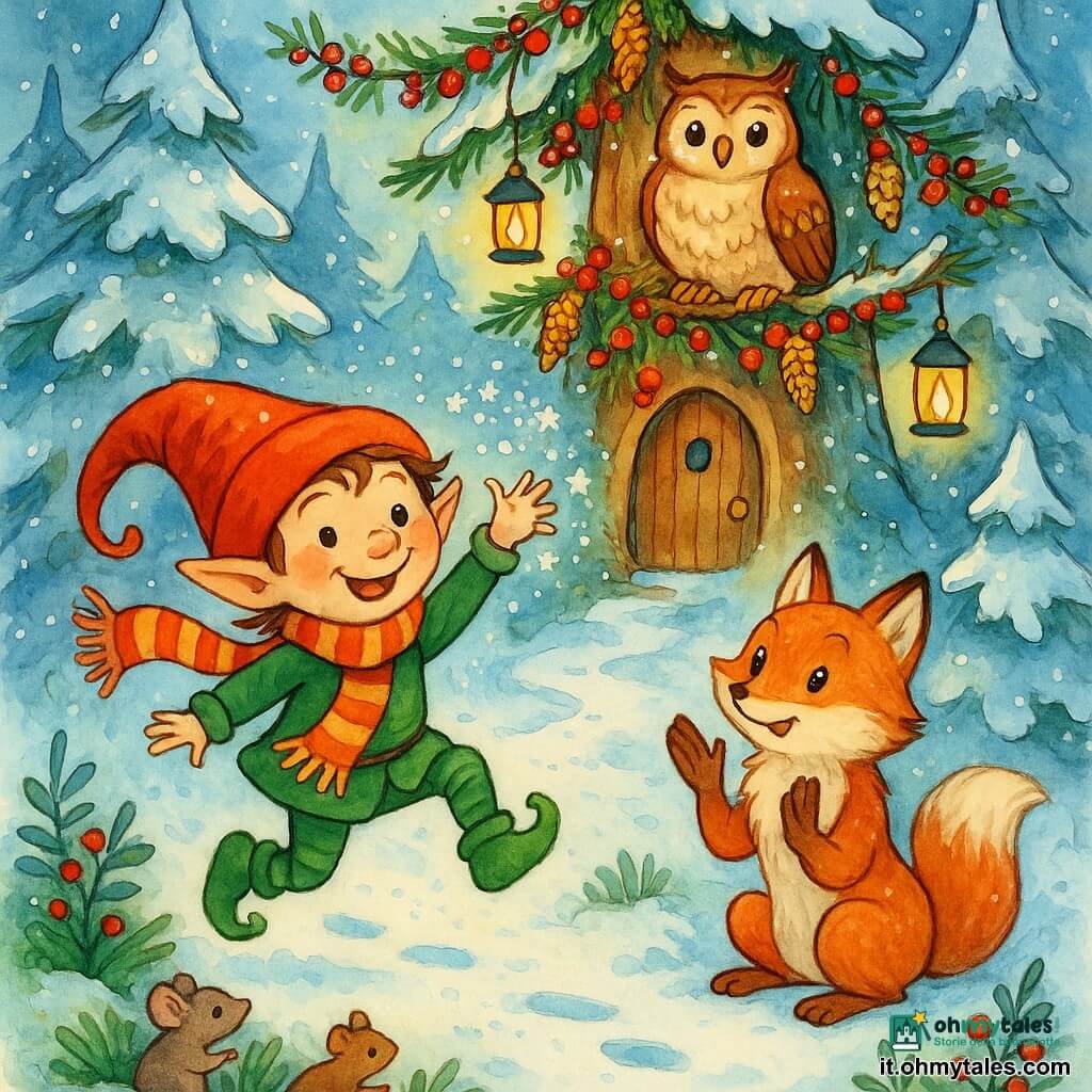 Un elfo natalizio dispettoso, piccolo con orecchie appuntite, volto malizioso e sorriso a lato, con berretto rosso troppo grande, stivaletti verdi e sciarpa a righe, salta lanciando una pioggia di minuscole palle di neve scintillanti; accanto a lui una giovane volpe rossiccia dal pelo soffice è seduta nella neve, meravigliata e applaudente, e un grande gufo saggio, dalle piume morbide, osserva sorridendo da un ramo della Casa‑Albero addobbato; topi e scoiattoli sbirciano tra le radure di muschio; la scena si svolge in una radura di pini innevati decorata con bacche rosse, pigne dorate e lanterne che diffondono una luce calda.