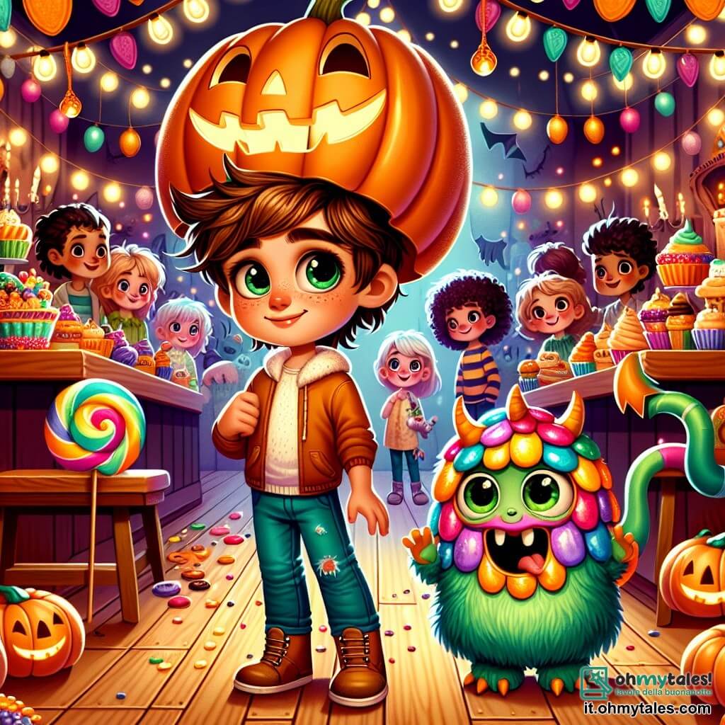 Un ragazzo di 8 anni, con capelli castani disordinati e un grande sorriso stupito, indossa una grande zucca arancione brillante sulla testa, illuminata dall'interno, e si trova al centro della scena. Accanto a lui, un piccolo mostro dagli occhi verdi scintillanti e pelliccia colorata, con una grande coda a forma di caramella, osserva con curiosità e un sorriso timido. La scena si svolge in una pasticceria accogliente, decorata con ghirlande di luci scintillanti, biscotti a forma di fantasmi e cupcake dai colori vivaci, con tavoli in legno ornati di zucche sorridenti. Il ragazzo e il mostro si preparano a partecipare a una festa di Halloween gioiosa, circondati da altri bambini in costume, che ridono e condividono dolcetti, mentre ombre danzano sulle pareti, creando un'atmosfera magica e festosa.
