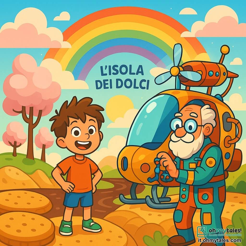 Un ragazzo di 8 anni, Marco, con i capelli castani disordinati e occhi pieni di curiosità, è in piedi su una collina di biscotti, con un ampio sorriso sul volto, meravigliato dal paesaggio dolce che lo circonda. Accanto a lui, il Professor Stravagante, un uomo anziano con una barba bianca e occhiali rotondi, indossa una tuta colorata piena di gadget strani e regola i comandi della sua macchina volante sullo sfondo. L'Isola dei Dolci è un luogo magico, con colline di biscotti croccanti, fiumi di cioccolato che scintillano sotto il sole e alberi di marshmallow che ondeggiano dolcemente nel vento. La scena principale mostra Marco e il Professor Stravagante pronti a decollare nella macchina volante, circondati da nuvole di zucchero filato e un arcobaleno brillante, mentre si preparano a vivere un'avventura incredibile in questo mondo delizioso.