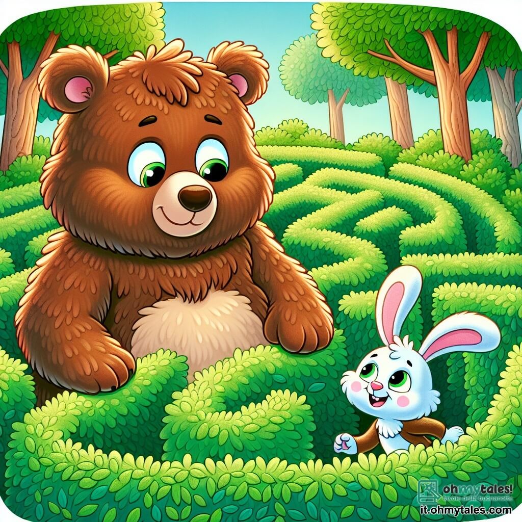 Un grande orso bruno, con un pelo morbido e setoso, si trova al centro di un labirinto di cespugli verdi e folti, con un'espressione sia curiosa che determinata, scrutando i sentieri che ha di fronte. Accanto a lui, un piccolo coniglio con grandi orecchie bianche e occhi scintillanti di malizia, sorride incoraggiandolo, saltellando gioiosamente sulle zampe posteriori. Il labirinto è circondato da alberi maestosi, le cui foglie brillano alla luce del sole, creando un'atmosfera incantata e misteriosa. L'orso, in cerca di uscita, si piega verso una piccola apertura, pronto a scoprire cosa si nasconde oltre i cespugli.