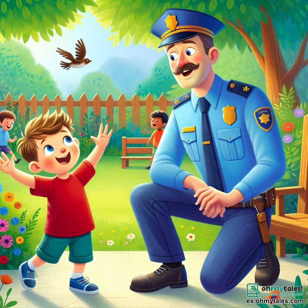 Un policía sonriente, un hombre de unos treinta años, con un bigote bien recortado y un uniforme azul brillante, se inclina ligeramente hacia adelante, con las manos en las rodillas, mostrando una mirada amigable y acogedora. A su lado, un niño de cuatro años, Lucas, con el pelo castaño desordenado y una camiseta roja, levanta los brazos al aire con entusiasmo, mostrando su emoción por ser el "pequeño asistente" del policía. El escenario se sitúa en un parque verde, iluminado, con árboles frondosos, flores coloridas y niños jugando a lo lejos. Un banco de madera se encuentra detrás de ellos, y los pájaros vuelan alegremente en el cielo azul. La situación principal muestra al policía y a Lucas saludando a los niños que juegan, con Lucas repitiendo alegremente los consejos de Don José sobre la importancia de compartir y jugar juntos, creando así una atmósfera de camaradería y felicidad.