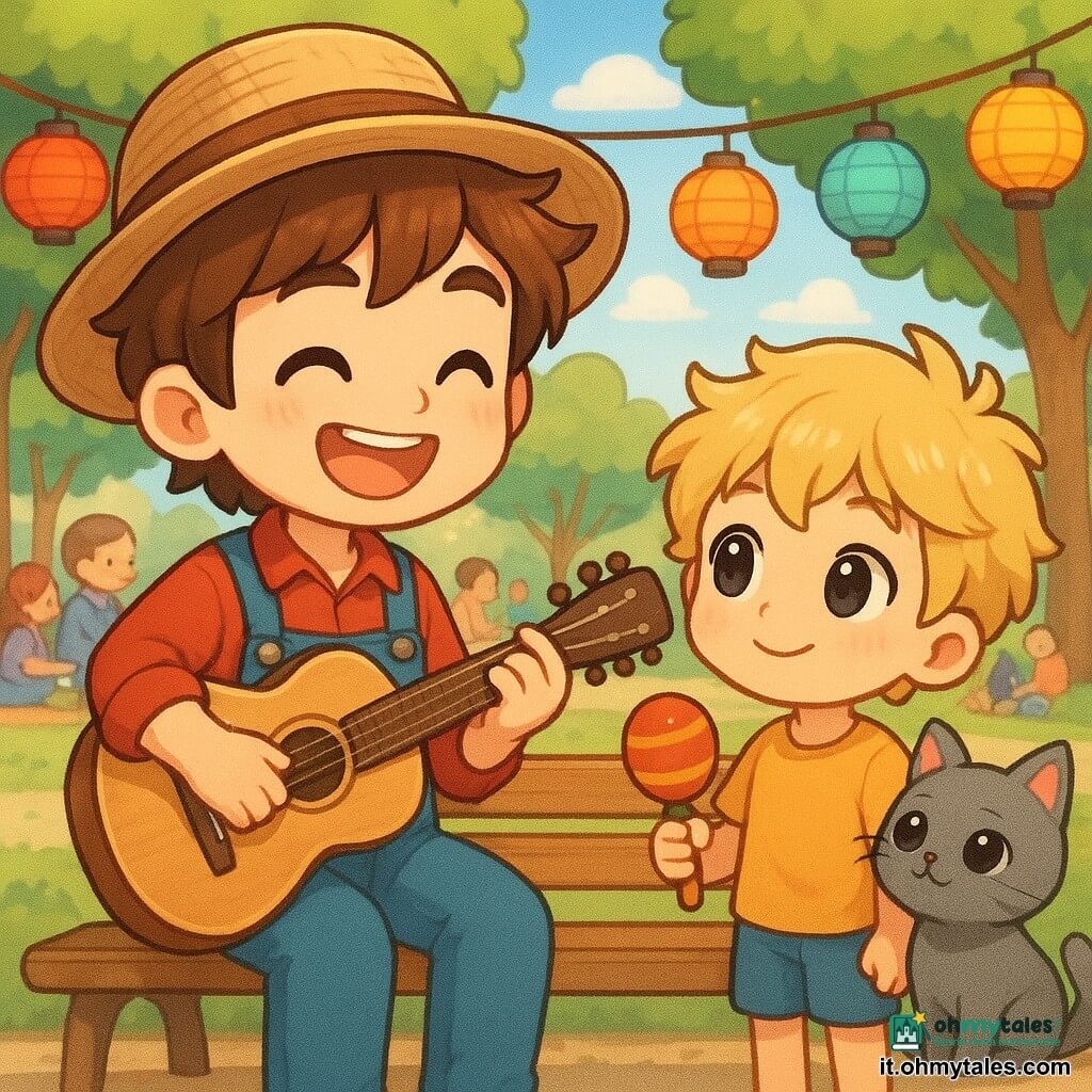 Marco, un musicista allegro, suona la chitarra con un ampio sorriso. Ha i capelli castani arruffati e indossa un cappello di paglia. Accanto a lui, un ragazzo di 7 anni con capelli biondi spettinati tiene una maracas e lo guarda con ammirazione. Un gatto grigio dagli occhi scintillanti è seduto su una panchina accanto a loro, osservando la scena. La scena si svolge in una piazza animata, con lampioni colorati sospesi sopra e famiglie sedute su coperte. Alberi verdi circondano la piazza, creando un'atmosfera calda e festosa. Marco e il ragazzo suonano insieme, creando un'atmosfera di gioia e complicità musicale.