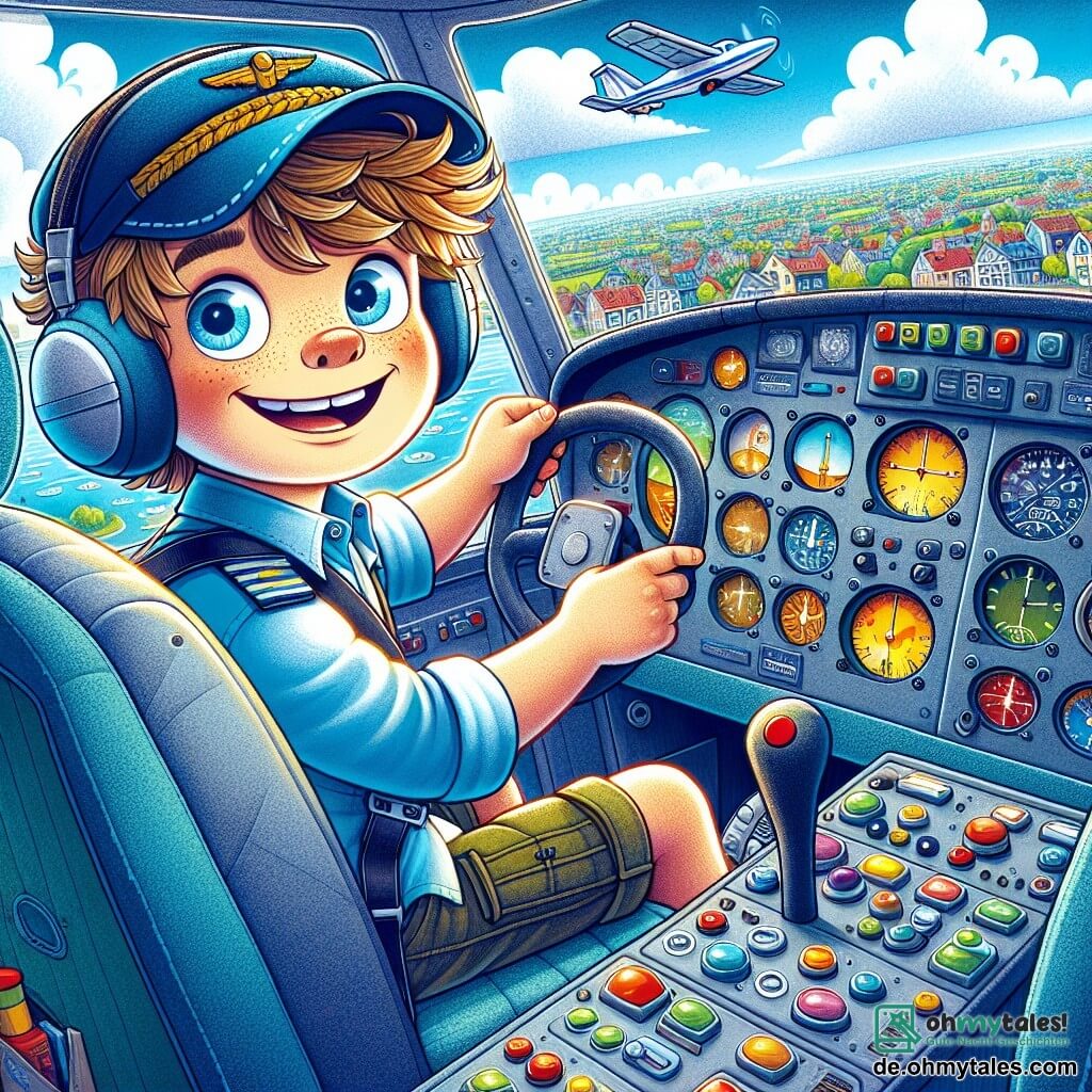 Ein lächelnder und begeisterter Pilot namens Max sitzt im Cockpit seines kleinen Flugzeugs. Er hat zerzauste braune Haare, ein blaues Hemd und eine Pilotenmütze. Seine Augen strahlen vor Aufregung, während er durch das Fenster schaut, bereit zum Abheben in neue Abenteuer. Neben ihm sitzt ein 8-jähriger Junge namens Lucas mit einer roten Mütze und einer Brille, der fasziniert die Instrumente im Cockpit beobachtet. Er sitzt auf dem Passagiersitz, die Hände auf den Knien und die Augen weit aufgerissen vor Neugier. Das Cockpit ist voller bunter Knöpfe und glänzender Instrumente, mit einem großen Fenster, das auf einen blauen Himmel mit flauschigen weißen Wolken blickt. Unten ist die Stadt Wolkenstadt mit ihren bunten Häusern und lebhaften Straßen zu sehen. Die Hauptsituation zeigt Max und Lucas, die sich zum Abheben vorbereiten, Max sicher das Steuer haltend, während Lucas aufgeregt auf die Wolken durch das Fenster zeigt, bereit, die Welt von oben zu entdecken.