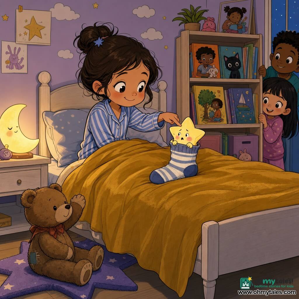 A 6-year-old girl with a round face, rosy cheeks and a mischievous smile in blue-and-white striped pajamas sits on her bed with a mustard velvet blanket to her waist, gently reaching to help a tiny pale-yellow star-shaped character with pink cheeks and small arms stuck in a striped sock; a slightly rumpled brown teddy at the foot of the bed raises a paw as if to applaud. The cozy lavender room has cloud stickers, a light-wood shelf of books, a moon-shaped bedside lamp casting soft light and a star-shaped rug under the bed. The scene is tender and amused, warm-toned with crisp outlines, composition centered on the bed and the girl-star duo.