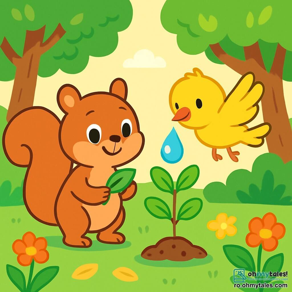 O veveriță mică pe nume Mimi, cu blană maro și ochi strălucitori de curiozitate, stă în picioare pe picioarele din spate, ținând o frunză verde în labele din față, cu un zâmbet vesel pe față. Lângă ea, o vrabie pe nume Piu, cu pene galbene strălucitoare și un aer jucăuș, zboară ușor deasupra solului, ținând o picătură de apă în cioc, pregătită să ude un copăcel mic. Decorul este o pădure luminoasă, plină de arbori mari cu trunchiuri robuste, frunze verzi vibrante și flori colorate care dansează în vânt. Solul este presărat cu frunze aurii și pietricele strălucitoare. Mimi și Piu lucrează împreună pentru a uda o sămânță mică plantată în pământ, înconjurată de flori vesele, arătându-și determinarea de a ajuta natura să crească și să prospere.