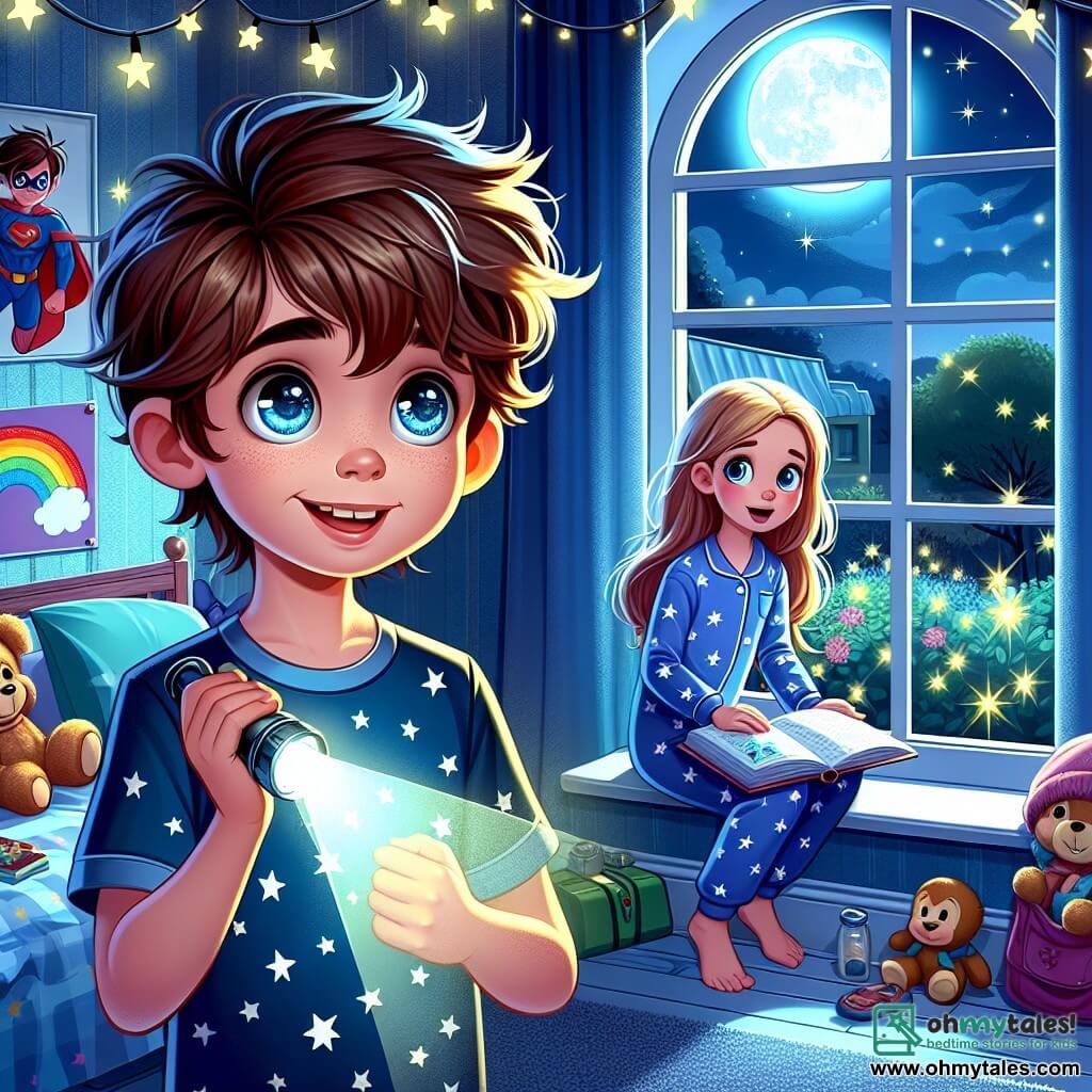 A 9-year-old boy named Oliver, with messy brown hair and sparkling curious eyes, stands by his window. He has a look of both wonder and slight nervousness as he gazes outside, where the moon illuminates the garden. He wears blue pajamas with white stars and holds a small flashlight that beams light. Next to him is his 12-year-old sister, Lily, with long blonde hair and a reassuring smile, encouraging him. She sits on the bed surrounded by colorful cushions, holding an open book on her lap, ready to share a story. The scene takes place in Oliver's room, decorated with superhero posters and scattered toys. The walls are painted a soft blue, and glowing stars shine on the ceiling, creating a magical atmosphere. Oliver, gathering his courage, looks out the window, ready to explore the beauty of the nighttime garden, turning his fear of the dark into an adventure full of discoveries.