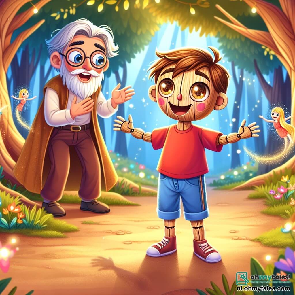 Pinocchio, een houten marionet met sprankelende ogen en een blije glimlach, staat in het midden van het podium met open armen, straalt van geluk nu hij een echt jongen is geworden. Hij draagt een felrode shirt en blauwe broek, met rommelige bruine haren die in de wind wapperen. Naast hem kijkt Geppetto, een man van ongeveer 70 jaar met een witte baard en ronde brillen, naar zijn zoon met tranen van blijdschap in zijn ogen, met zijn armen over zijn borst gekruist, staande op een klein zandpad. Op de achtergrond strekt een prachtige betoverde bos zich uit, met majestueuze bomen met gouden bladeren, kleurrijke bloemen die dansen op de wind, en kleine lichtgevende feeën die om hen heen vliegen, wat een vleugje magie aan de sfeer toevoegt. De belangrijkste situatie toont Pinocchio, verwonderd en gelukkig, die zijn nieuwe realiteit als echt jongen ontdekt, terwijl Geppetto hem met trots en liefde observeert, in een moment van viering en magie.