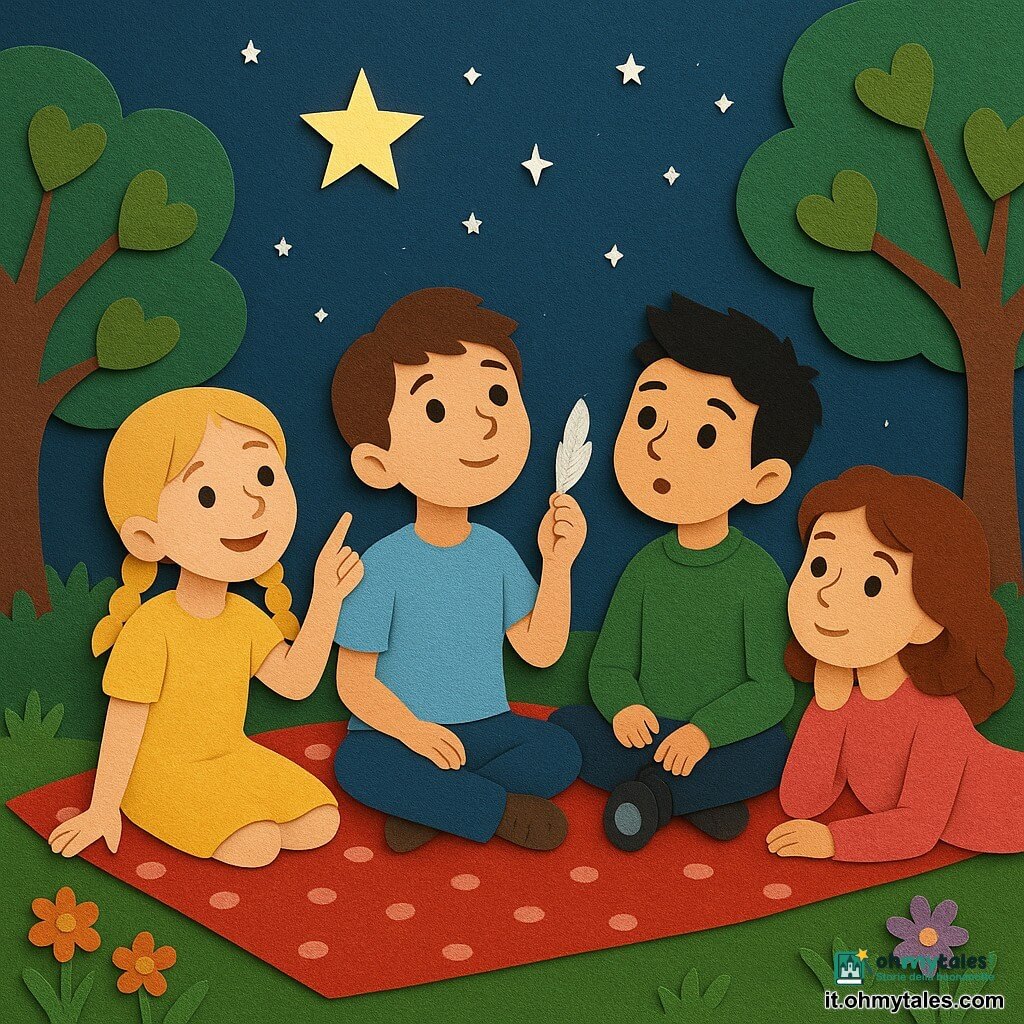 Ci sono quattro bambini: Luca, circa 9 anni, capelli castani corti, maglietta azzurra e jeans, seduto al centro su una coperta rossa a pois, guarda il cielo tenendo una piccola piuma; Sara, circa 9 anni, capelli biondi a due trecce, vestito giallo, seduta a sinistra di Luca, sorride e indica una stella brillante; Marco, circa 9 anni, capelli neri a spazzola, felpa verde, seduto a destra di Luca a gambe incrociate, ascolta attentamente con una piccola torcia spenta accanto; Giulia, circa 8 anni, capelli castano ondulati, maglione rosa, sdraiata leggermente dietro Luca, appoggiata su un gomito e lo guarda con sostegno. Luogo: giardino serale in stile carta ritagliata con prato verde testurizzato, alberi con foglie a cuore, fiori stilizzati arancioni e viola, coperta rossa sull'erba e cielo blu notte punteggiato di stelle con una stella molto luminosa sopra il gruppo. Situazione: i quattro amici sono riuniti sotto le stelle per consolarsi; atmosfera dolce, luminosa e rassicurante con toni caldi e contrasti netti tipici del paper cut.