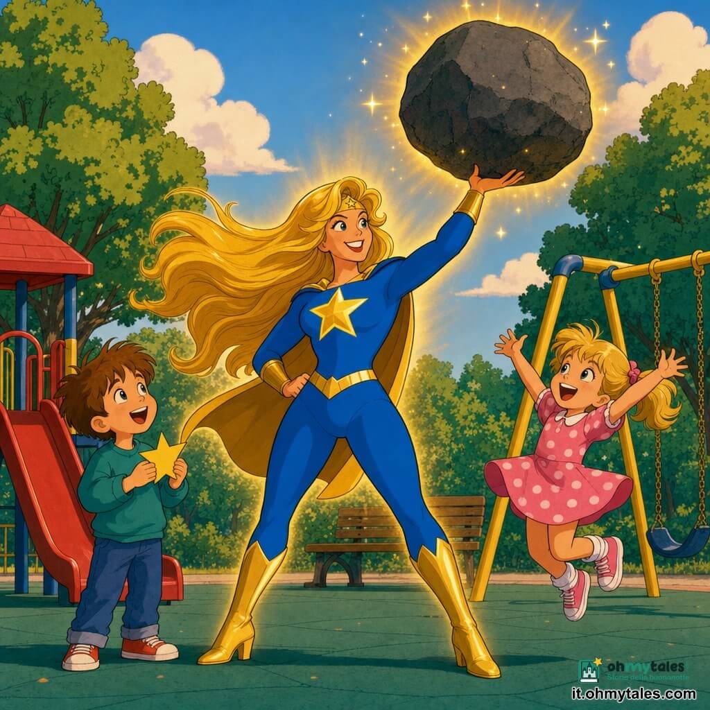 Una supereroina sorridente e coraggiosa con lunghi capelli dorati al vento, costume blu brillante con grande stella dorata sul petto, solleva un grosso masso grigio davanti all'ingresso del parco; scintille dorate lo circondano. Un bambino di circa 6 anni con capelli castani spettinati tiene una piccola stella di carta vicino allo scivolo a sinistra; una bambina di circa 5 anni in vestitino rosa a pois salta di gioia verso le altalene a destra. Parco giochi colorato e accogliente: pavimento verde, scivolo rosso, altalene gialle, panchina di legno, alberi dalle chiome tonde e cielo azzurro con qualche nuvola; luce calda del tardo pomeriggio, ombre morbide, palette saturata e contorni netti in stile cartone animato anni '90; atmosfera gioiosa e rassicurante, composizione centrata sulla supereroina e i bambini ammirati.